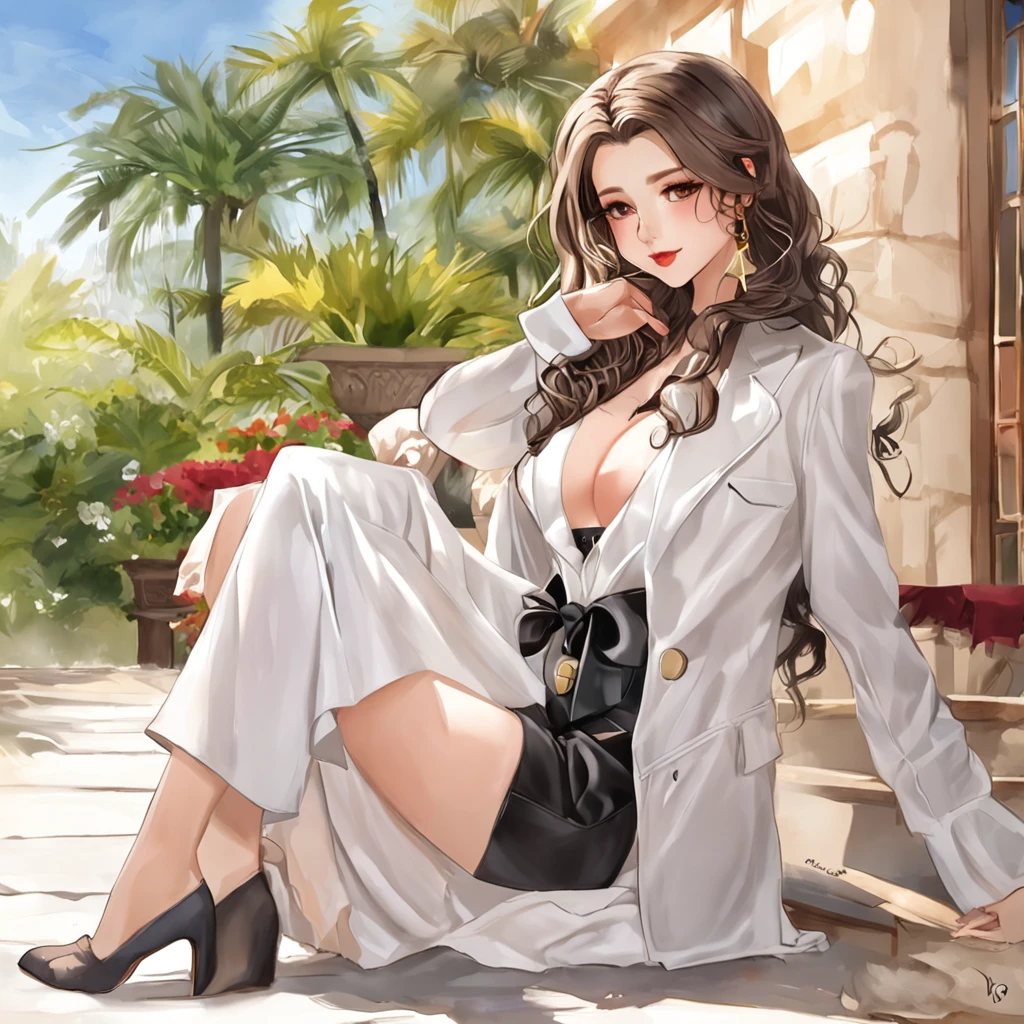 (Hairstyle with flowing long hair, Wavy waist-length hair, platinum-colored hair), (In a red business jacket:1.3), (black leather pants:1.3), (Innocent and cool girl 25 years old), medium large breasts, (Cross-legged and sitting in a chair:1.3), (On the sun terrace:1.2), (embarrassed smile:1.2), ((Shot Full Body:1.2)), (Selfie pose on Instagram:1.2), (Top Quality, 8K, Masterpiece: 1.3), RAW photo, Realistic, Photorealistic, waist constriction, Beautiful feet, Precise, anatomically correct, very detailed face and skin texture, 詳細な目, natural Cheeks, wet eyes, shiny little neck and earrings, glossy lips:1.4, waist constriction, Beautiful feet, 8K --auto