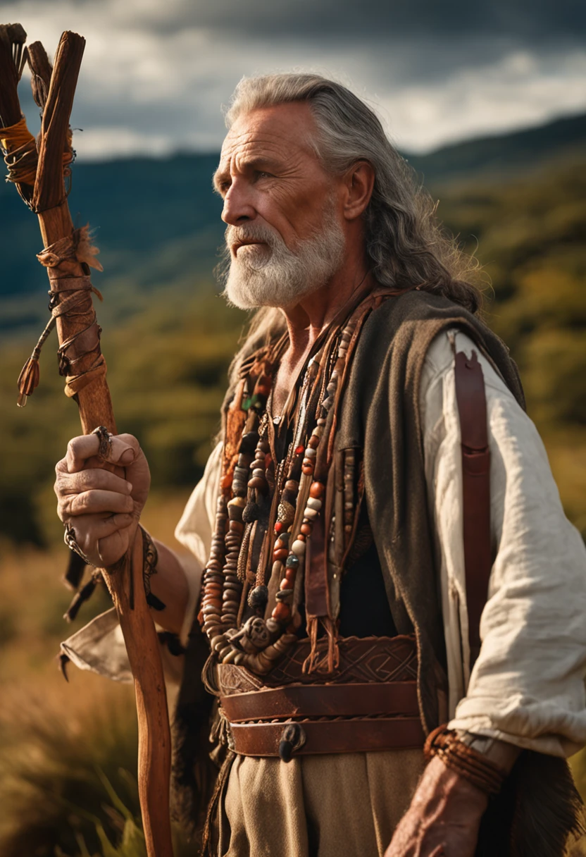 National geographic photographic portrait of a strong middle aged and proud Celtic druid. Broad shoulders, wearing rich woodland beads and leather bound jewelry. He is holding an intricately carved staff. realistic facial features. Realistic anatomy. cinematic composition. sunset and fire lighting, a small village in thick woods in the background of hills. a touch of bright vibrant color to his garbs woven in