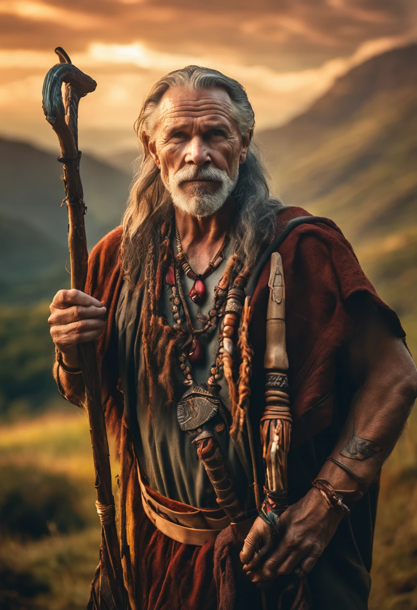 National geographic photographic portrait of a strong middle aged and proud Celtic druid. Broad shoulders, wearing rich woodland beads and leather bound jewelry. He is holding an intricately carved staff. realistic facial features. Realistic anatomy. cinematic composition. sunset and fire lighting, a small village in thick woods in the background of hills. a touch of bright vibrant color to his garbs woven in