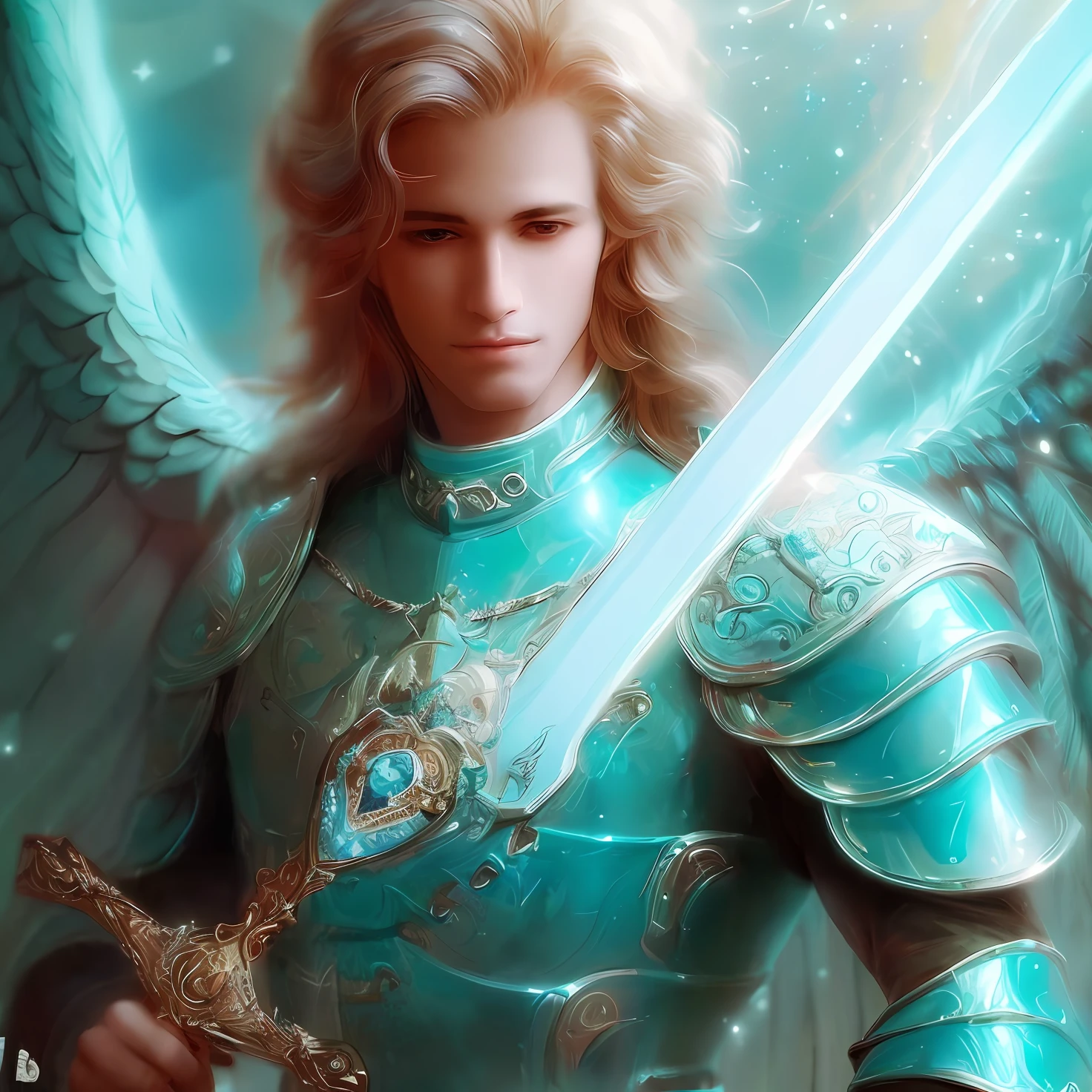 um close up de uma pessoa em uma armadura azul segurando uma espada, Arcanjo Miguel, angel in plastic armor, arcanjo, saint michael the angel, being brilliant angelic, angelic, anjo bonito, Jovem Anjo Wan, de anjo lindo, cheio de pinturas de anjos, angelic, Ethereal Angelic Being of Light, arte de fantasia digital ), Directed by: Eugeniusz Zak
