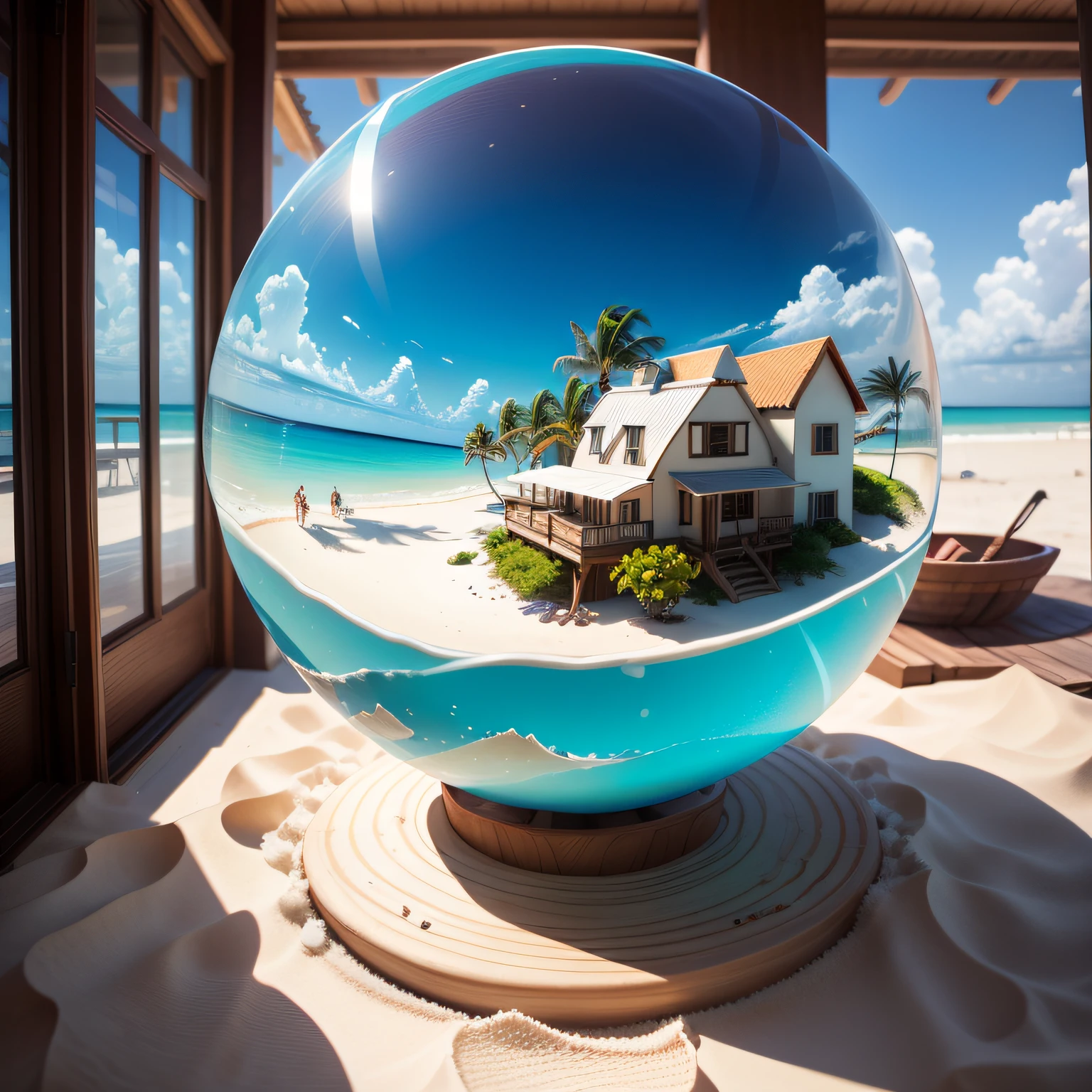 "A Summer Globe, pequeno, com uma casa de praia dentro, praia ensolarada, coqueiros, crystal clear water and white sand"