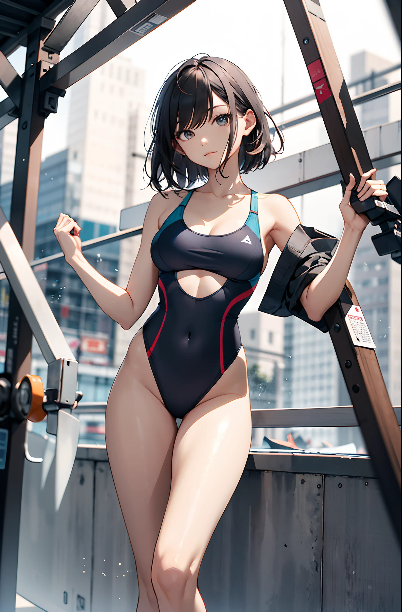 hoang lap,A high resolution,ultra - detailed,(1girll:1.3),Create minimalist designs,with clean lines,Simple shape,Focus on composition and balance。Capture low-light images,Lighting is minimal,And focus on the subtle details and atmosphere of the scene。With delicate lines、Flat colors and images inspired by patterns and compositions。brassier,Large breasts,High-fork swimsuit,F-cup,short black straight hair,long whitr hair,Female Martial Artist