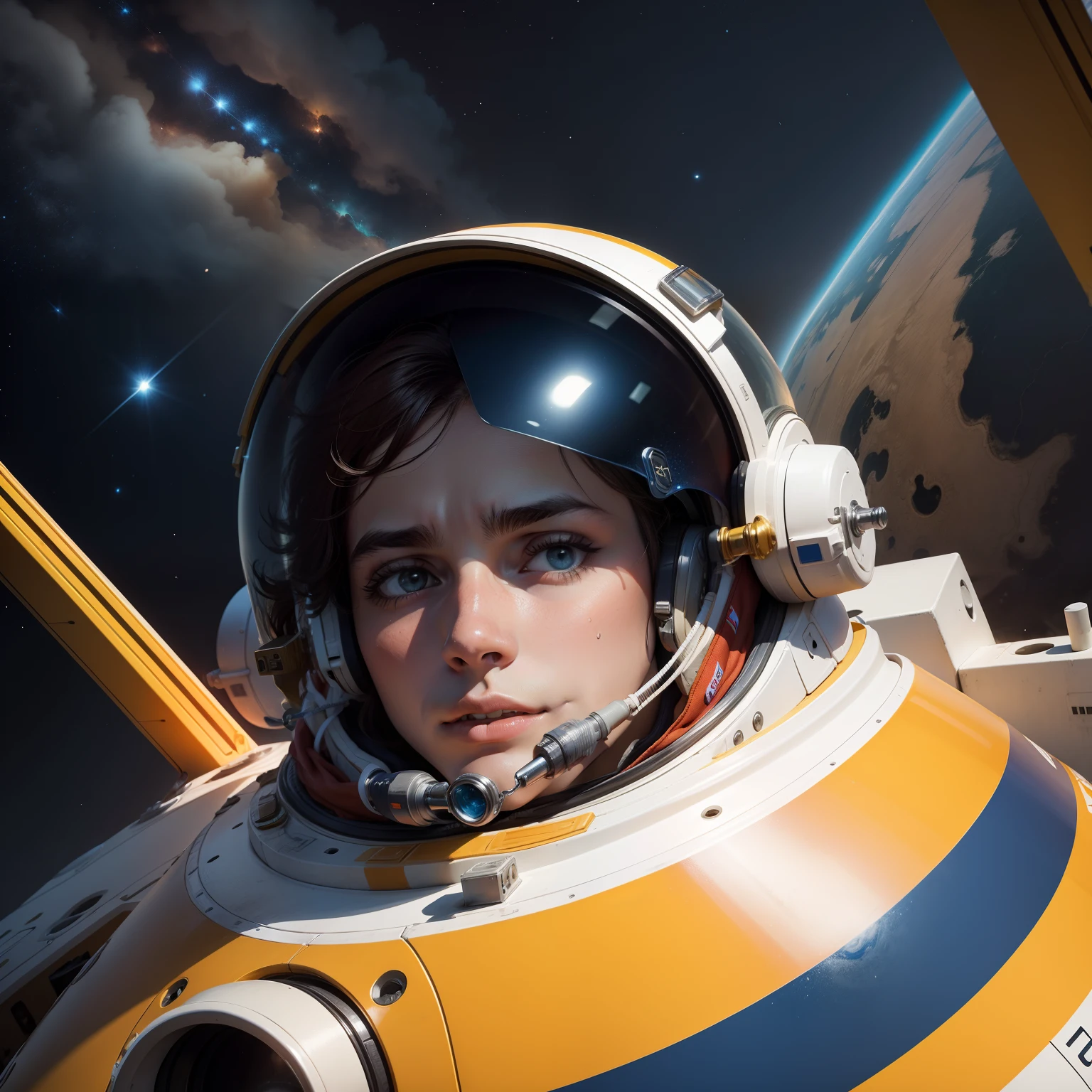 the perfect human model astronaut woman posing at the space station, accurate details, detailed face, fantasy, dramatic, intricate, elegant, highly detailed, digital painting, artstation, concept art, smooth, sharp focus, illustration, art by gustave dore, octane render, 4k