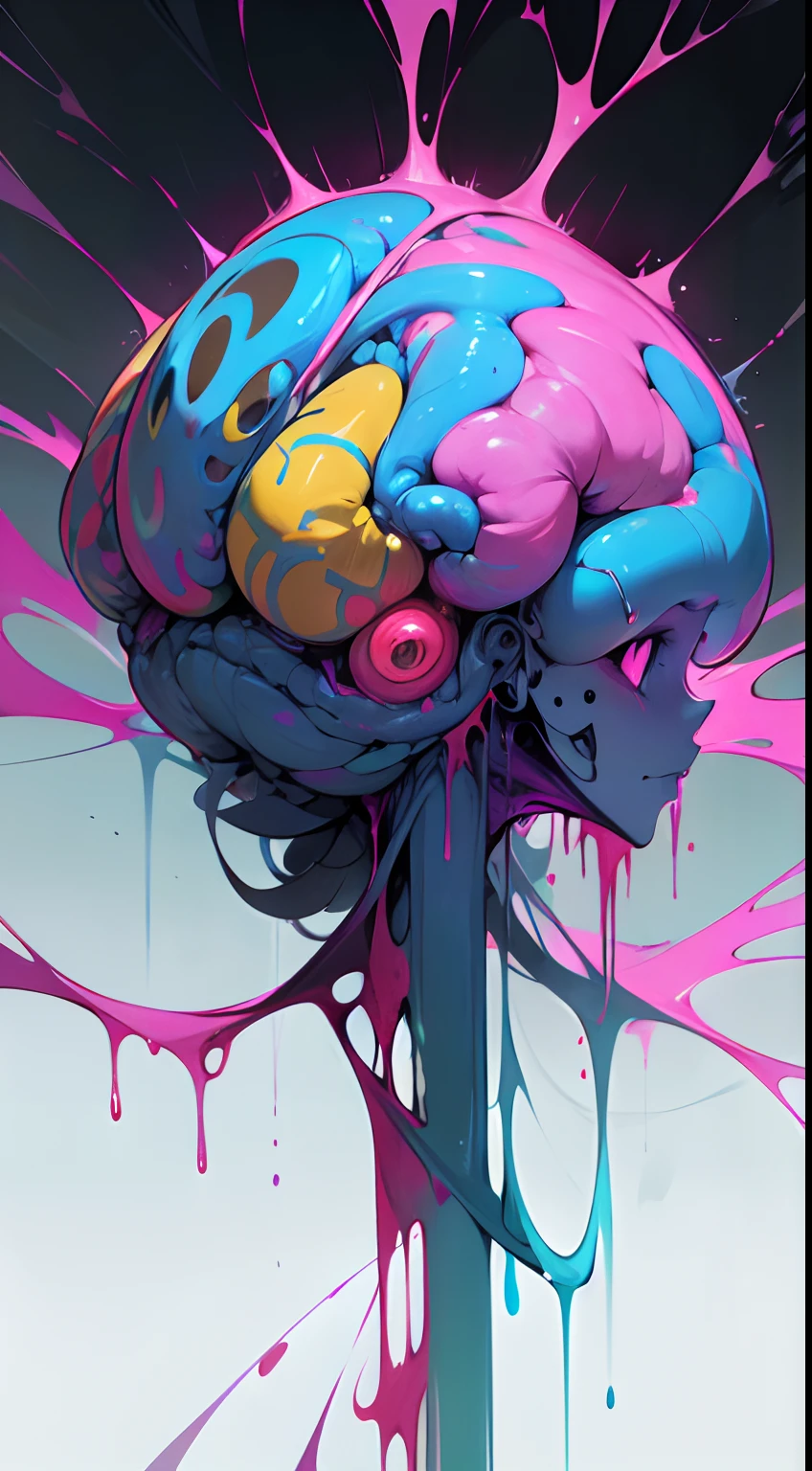 Anatomical brain, dripping multi-colored liquid, in the style of realistic hyper-detailed rendering, Neon color palette, Dental nucleus, Multi-level gestures, statuesque, Surrealist horror painter, graffiti, T-shirt design
