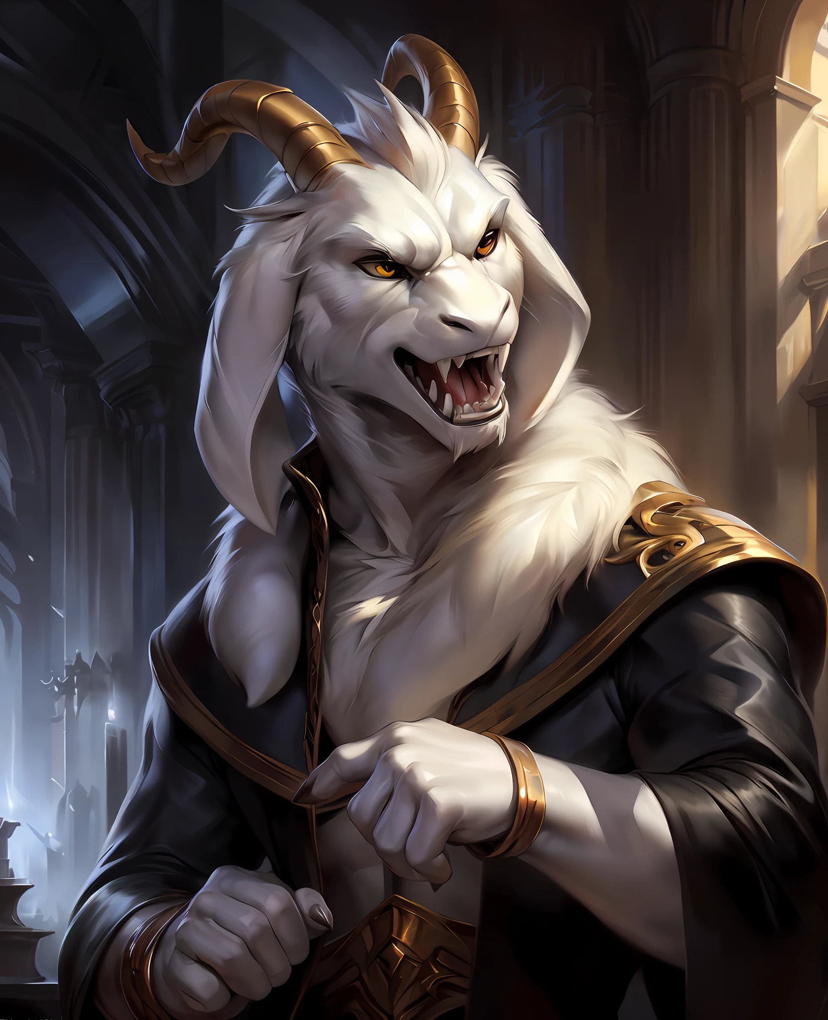 1boy,(( )), (fluffy), god of hyperdeath, ((by Michael & Inessa Garmash,Ruan Jia, Pino Daeni, chunie, darkgem)), ((asrielxdreemurr character)), black robe, horns, (best quality, ultra-detailed, best illustration, masterpiece, high res, professional artwork, famous artwork), realistic paint, black eyes, white fur, detailed realistic painting, male, (detailed white fur), asriel, portrait, detailed hands, shaded, four fingers, insane details, looking forward, (angry, open mouth, fangs), fight