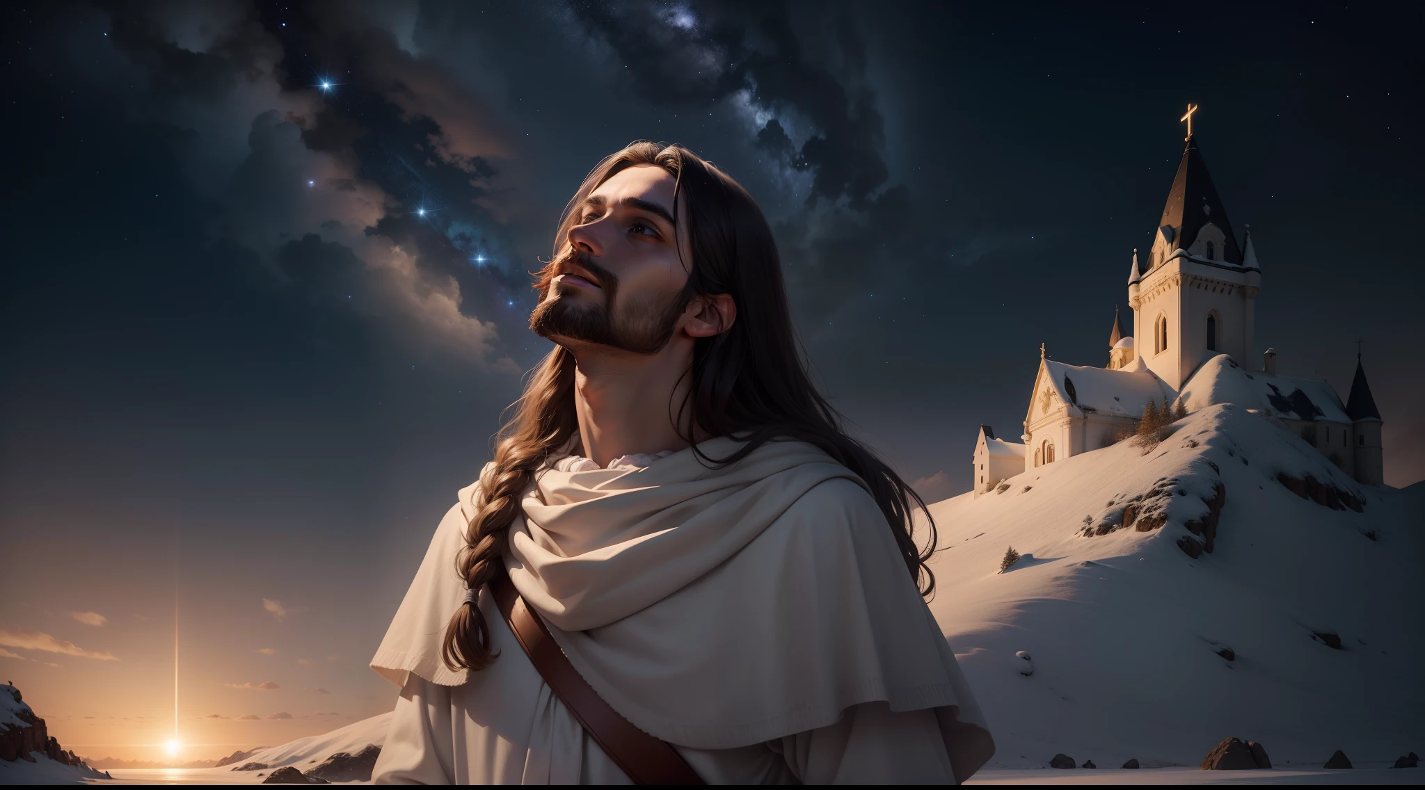 Make realistic images of Jesus Christ looking up at the night skies, perto de uma fogueira.