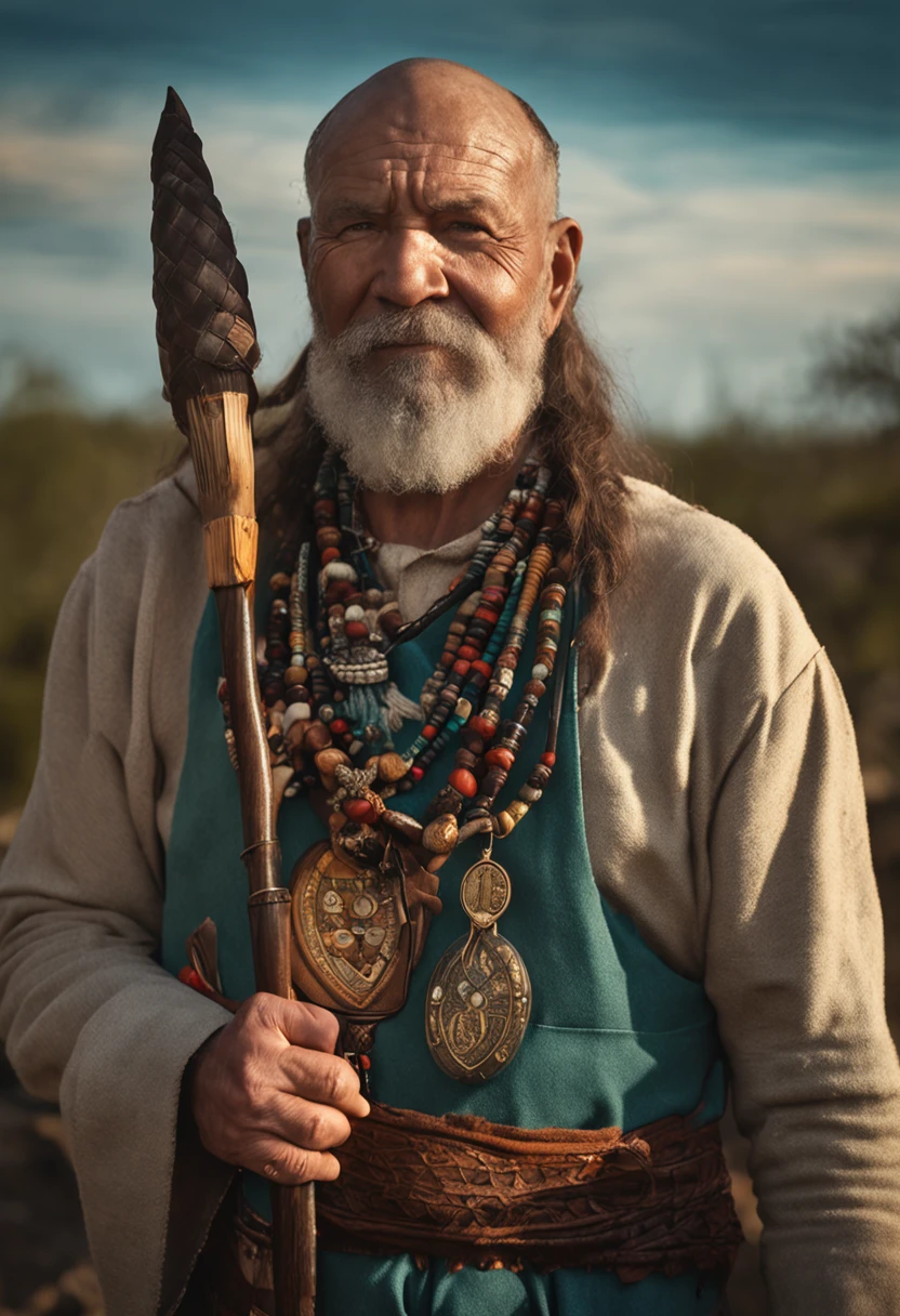 National geographic photographic portrait of a strong middle aged and proud Celtic priest king. Broad shoulders, wearing rich woodland beads and leather bound jewelry. He is holding an intricately carved staff. realistic facial features. Realistic anatomy. cinematic composition. sunset and fire lighting, a small village in thick woods in the background of hills. a touch of bright vibrant color to his garbs woven in