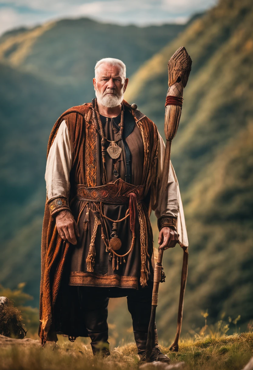 National geographic photographic portrait of a strong middle aged and proud Celtic priest king. Broad shoulders, wearing rich woodland beads and leather bound jewelry. He is holding an intricately carved staff. realistic facial features. Realistic anatomy. cinematic composition. sunset and fire lighting, a small village in thick woods in the background of hills. a touch of bright vibrant color to his garbs woven in