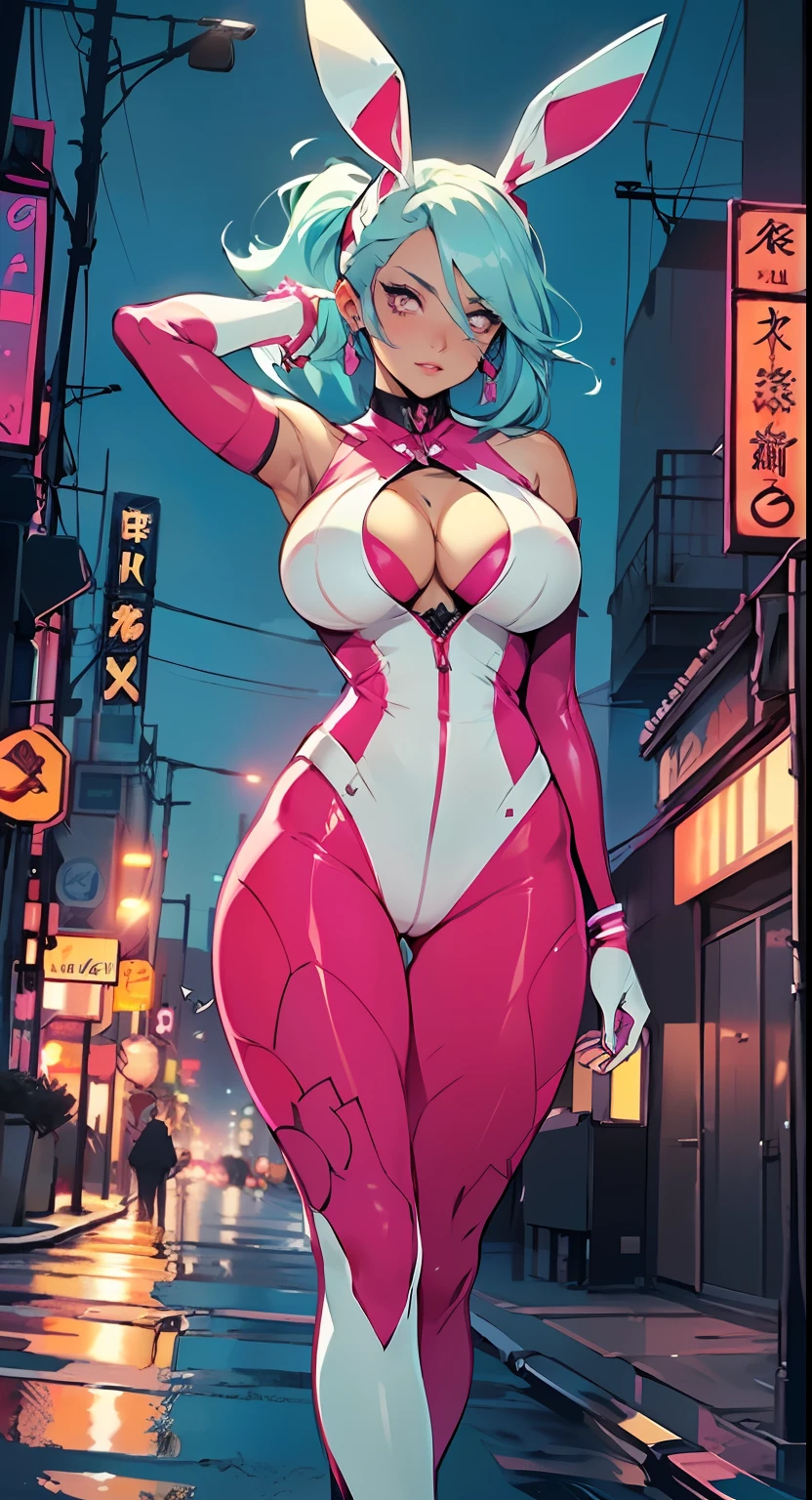 cute bunny girl,(((1girl))),((anime bunny girl with extremely cute and beautiful aqua hair walking seductively down the street)),(((bunny girl,anthro furry cute,bunny-girl))),(((bunny ears,bunny ears on head,big bunny ears))),

(large breasts:1.4),saggy breasts,(((aqua ponytail hair:1.35,colored inner hair,ear breathing,large hair))),((heterochromia,eye1 aqua,eye2 yellow,perfect eyes,upturned eyes:1.3,beautiful detailed eyes,finely detailed beautiful eyes:1,big highlight on eyes:1.2,slanted eyes)),((fat)),(((lustrous skin:1.5,bright skin: 1.5,skin tanned,shiny skin,very shiny skin,shiny body,plastic glitter skin,exaggerated shiny skin))),(spider lower abdomen,narrow waist,wide hip,athletic body,inflated legs,delicate detailed fingers,detailed body,detailed arms,human hands,(detailed face)),

cute,slutty,seductive,erotic,(((nsfw))),

(((pit girl uniform)))(magenta pit girl suit unbuttoned),((magenta clothes)),(((huge cleavage))),cleavage cutout,(detailed outfit,detailed clothes),

(dynamic pose:1.0),solo focus,embarrassed,centered,scale to fit dimensions,Rule of thirds,

outdoors,((night view)),(very pretty city neon synthwave,cyberpunk night street Background:1.5,dark sky,thick clouds),future vehicles,((neon lights)),thick clouds,(cyberpunk style,neon lights, (synthwave theme background), lonely street),(((detailed background:1.25))),

(best quality),(high resolution),(sharp focus),(ultra detailed),(extremely detailed),(extremely high quality artwork),8k_wallpaper,(extremely detailed CG 8k),(very fine 8K CG),((hyper super ultra detailed perfect piece)),flawless,(((masterpiece))),illustration,vibrant colors,(intricate),High contrast,Selective lighting,Double exposure,HDR (High Dynamic Range),Post-processing,Background blur,