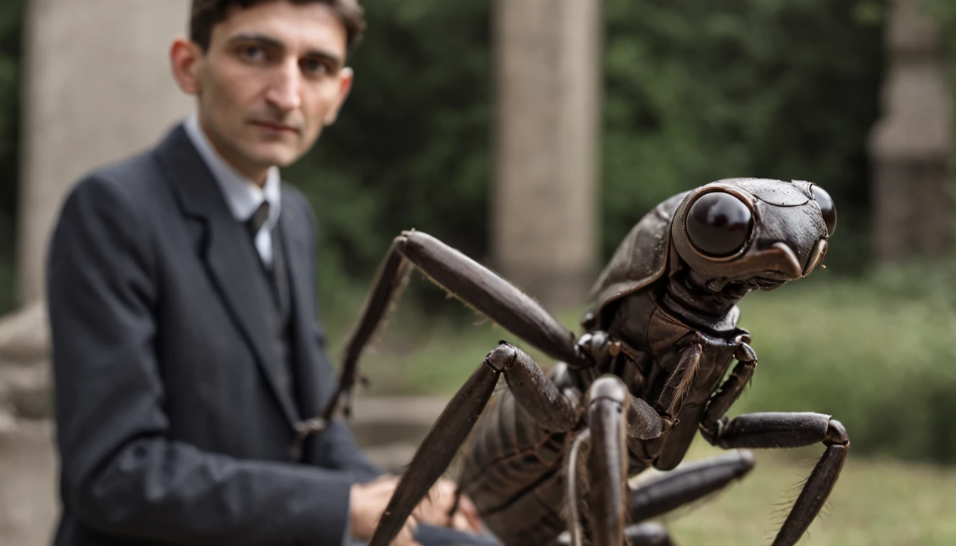 Franz Kafka stands beside his creation: Gregor Samsa, a monstrous hybrid of man and cockroach.