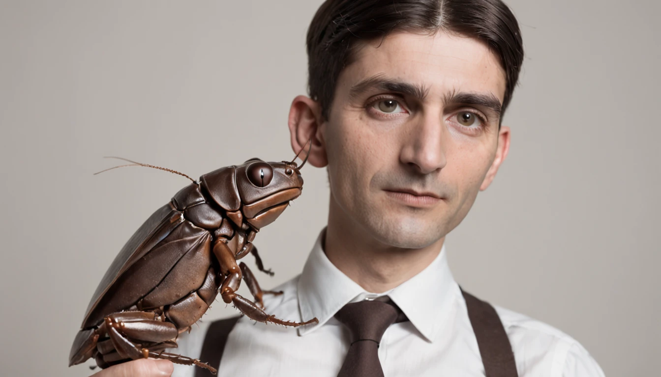 Franz Kafka stands beside his creation: Gregor Samsa, a monstrous hybrid of man and cockroach.