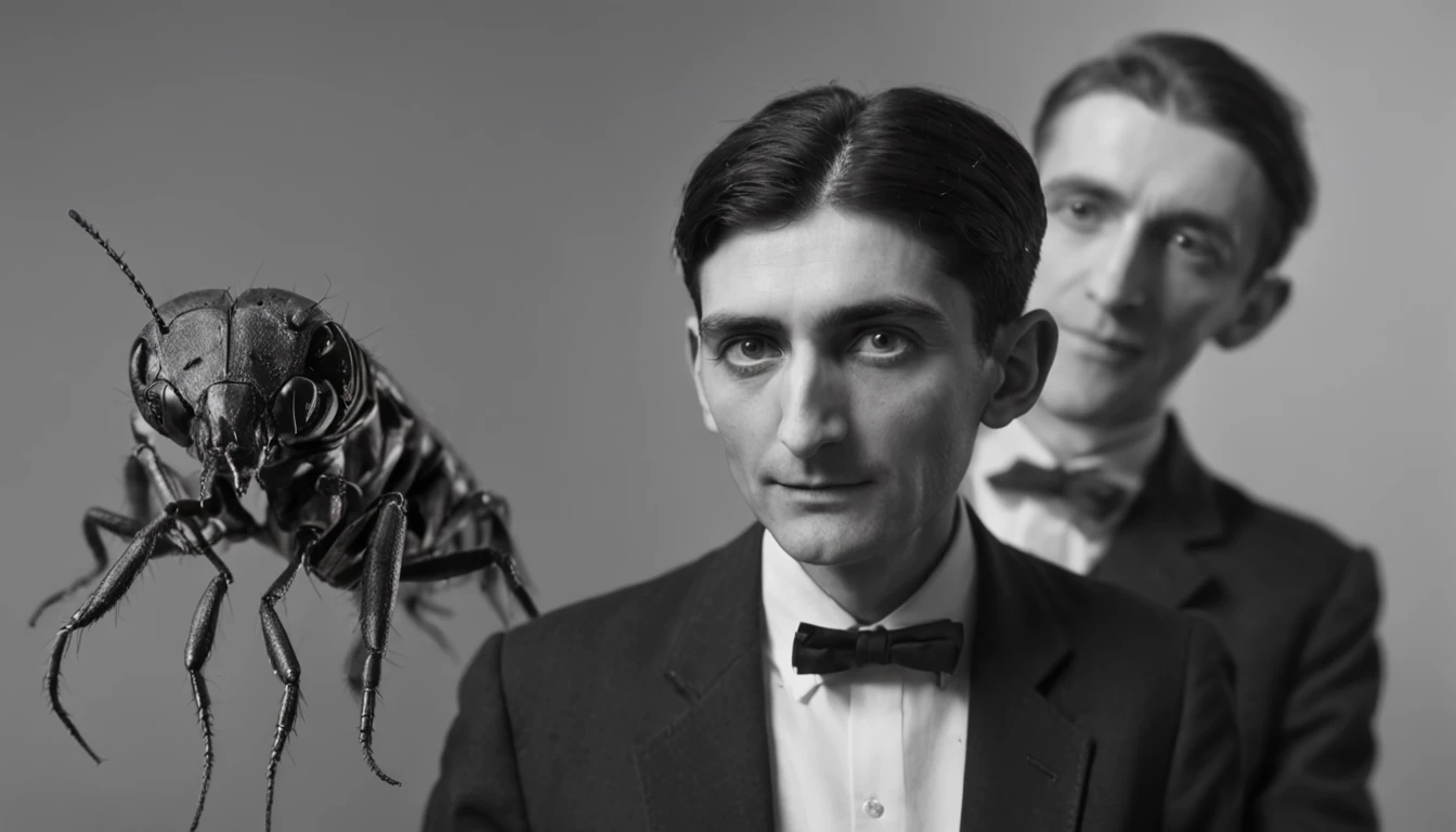 Franz Kafka stands beside his creation: Gregor Samsa, a monstrous hybrid of man and cockroach.