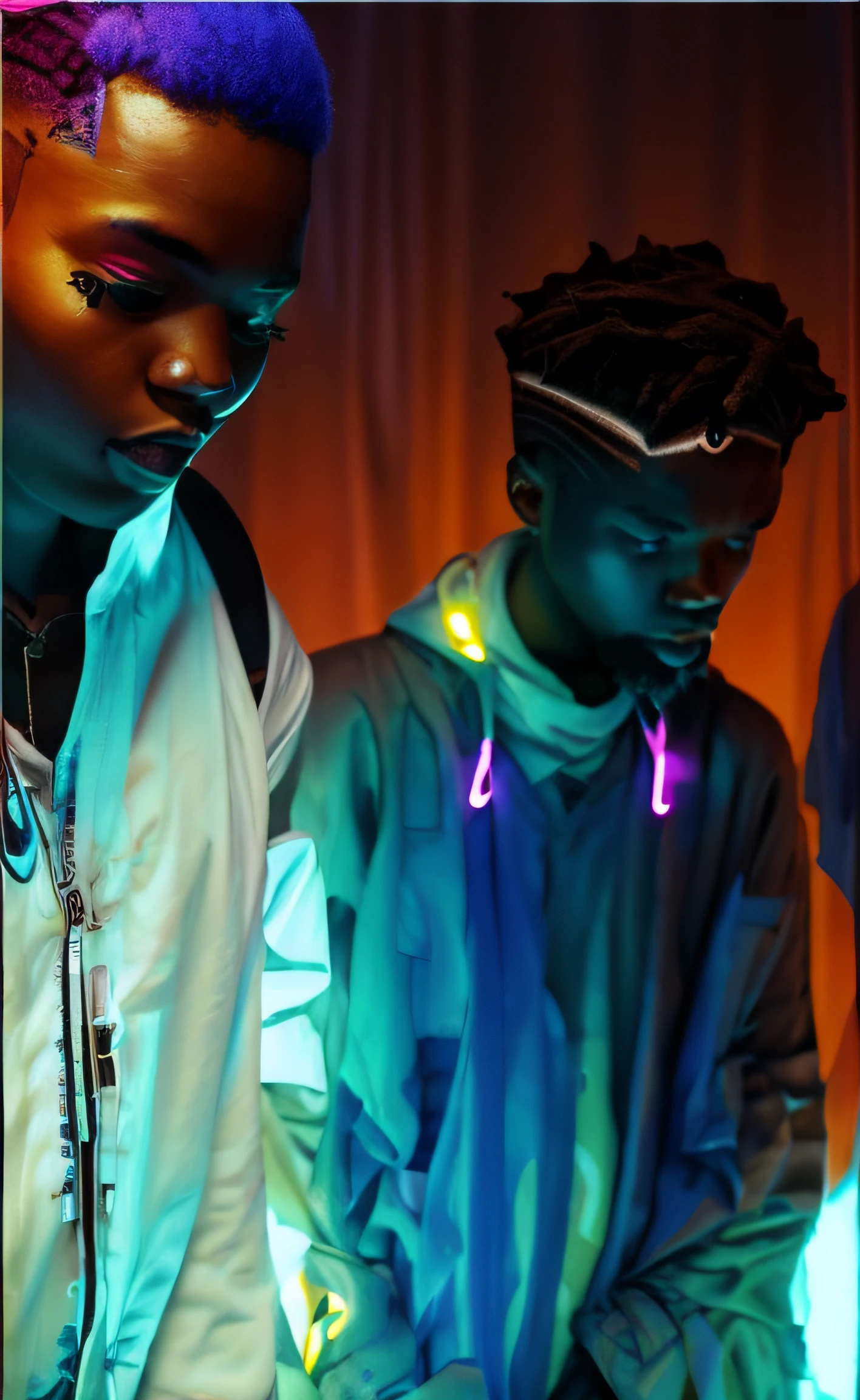 dois jovens africanos, de dread, estilo cyberpunk, wistful look down. savana futurista ao fundo