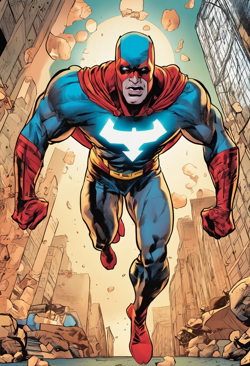 A young superhero style the Invincible who has super strength ,para uma capa de quadrinhos. Estilo DC Comics.