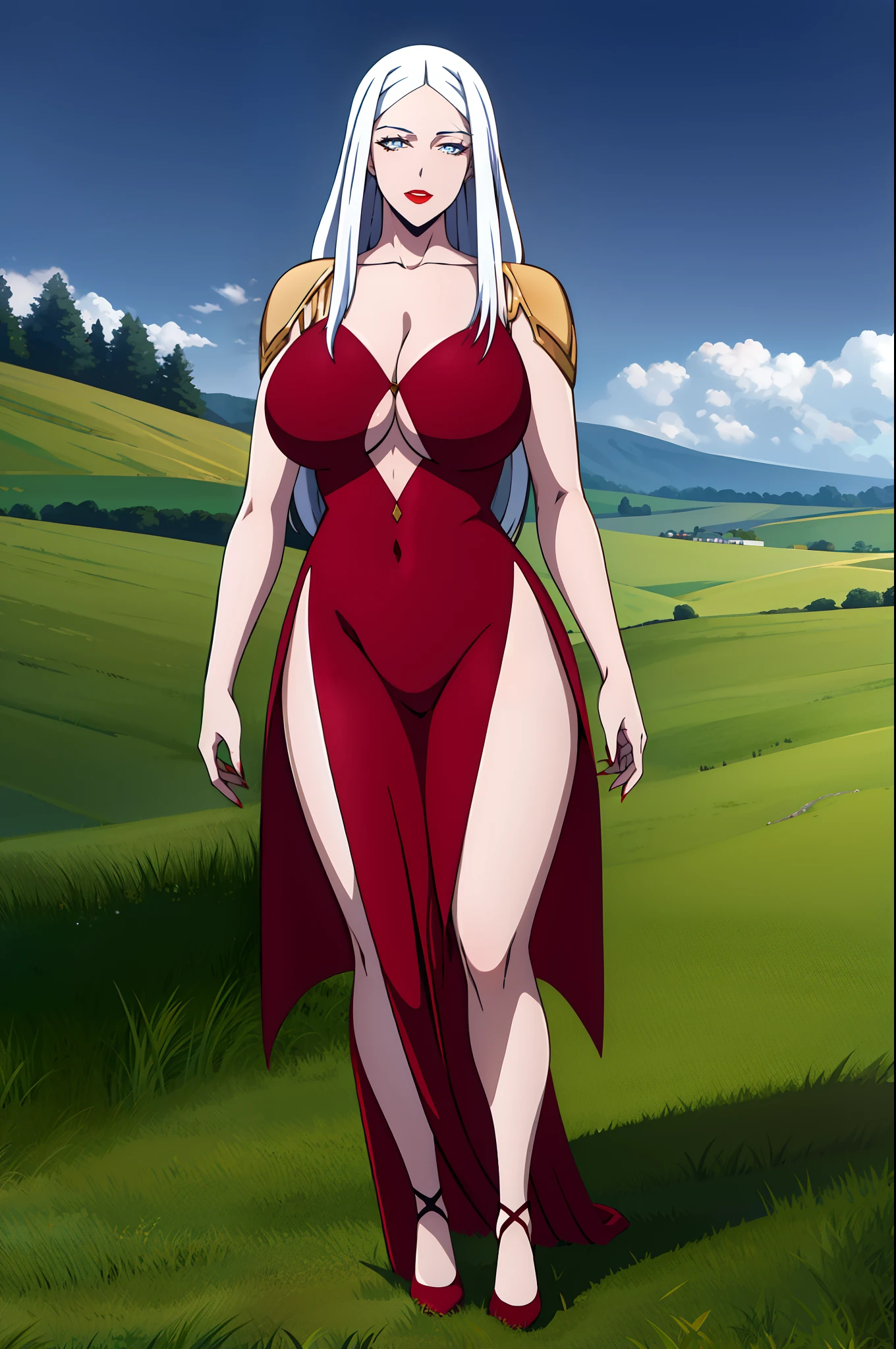 carmilla medium breasts, white hair, beautiful face, blue eyes, red lipstick, (masterpiece:1.2), best quality, absurdres, highres, extremely detailed wallpaper, perfect lighting, outdoors, grass, field, night sky,, full body, huge breast, walking, curvy