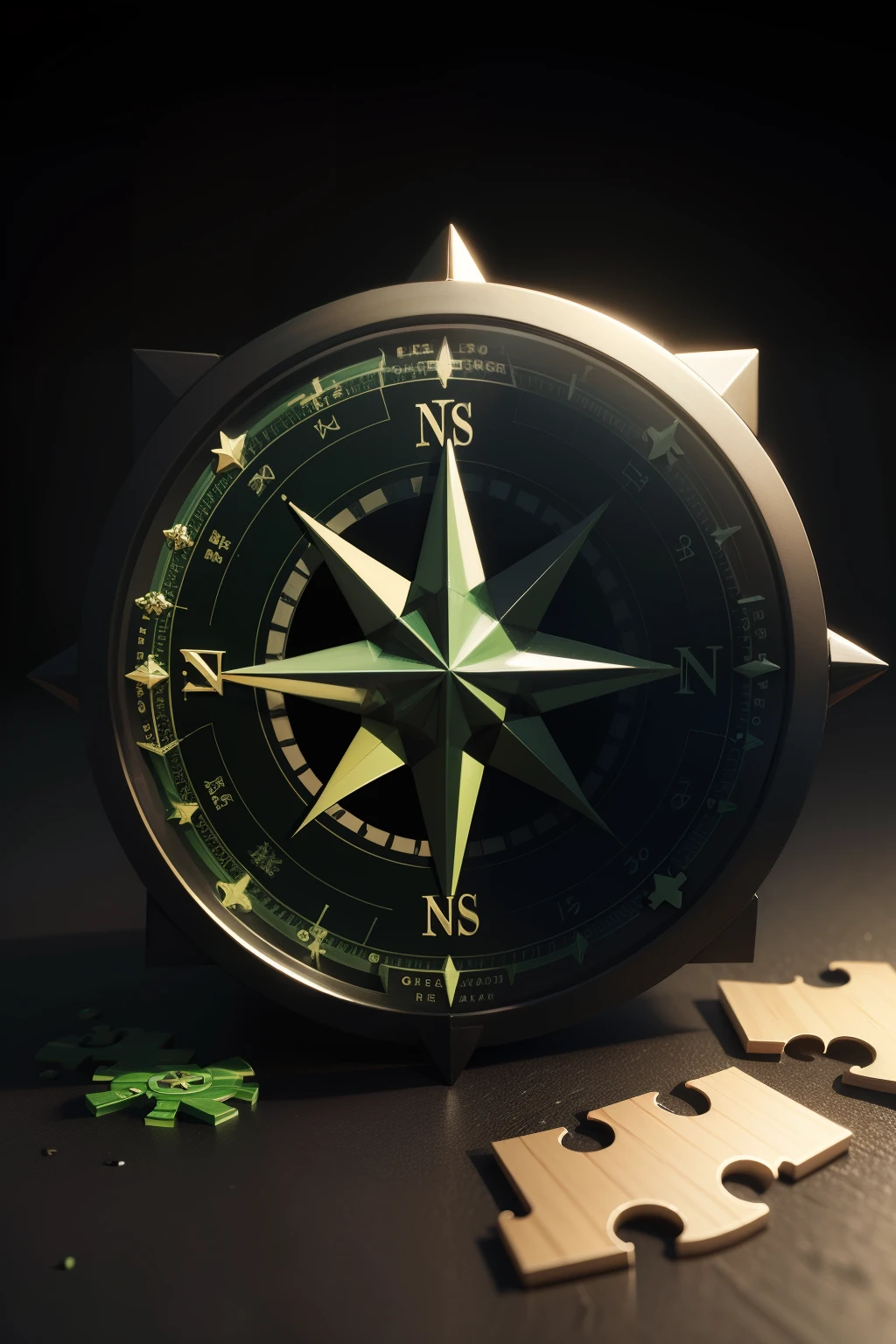 A realistic puzzle with a among of pieces, the pieces forms a green compass, black background, 3d
