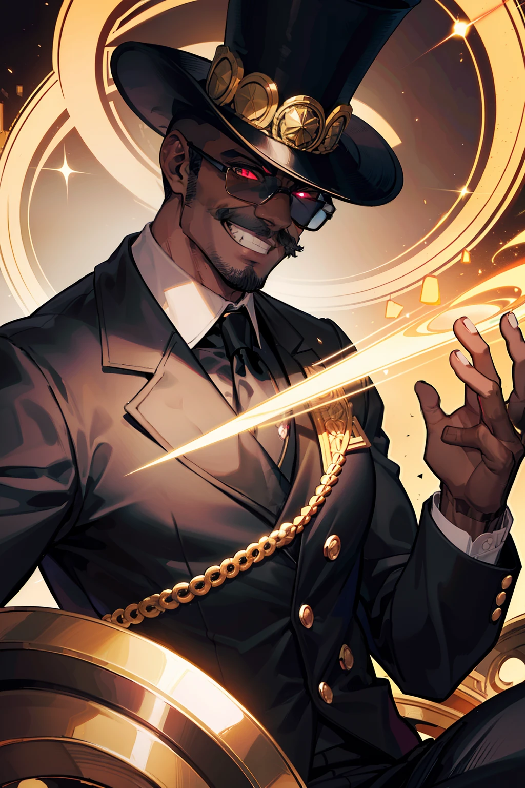 "(bald dark-skinned muscular man with a sly grin), garnet eyes, and large black mustache, wearing a top hat and black tuxedo with a black shirt complimented by a golden tie and round golden sunglasses over his eyes, (beautiful golden city background), ultra HD, masterpiece quality, high quality, top quality, perfect quality"