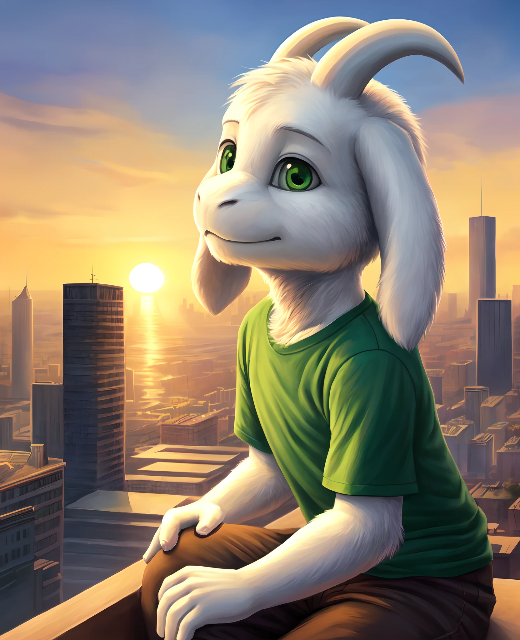 1boy,(( )), green t-shirt, pants, solo, sit, sunrise, city, (green t-shirt, brown pants), (best quality, ultra-detailed, best illustration, masterpiece, high res, professional artwork, famous artwork), realistic paint, (insane detailed eyes, green shine eyes), white fur, detailed realistic painting, male, detailed white fur, asriel, portrait, detailed hands, shaded, four fingers, insane details, looking forward, cartoon, cute