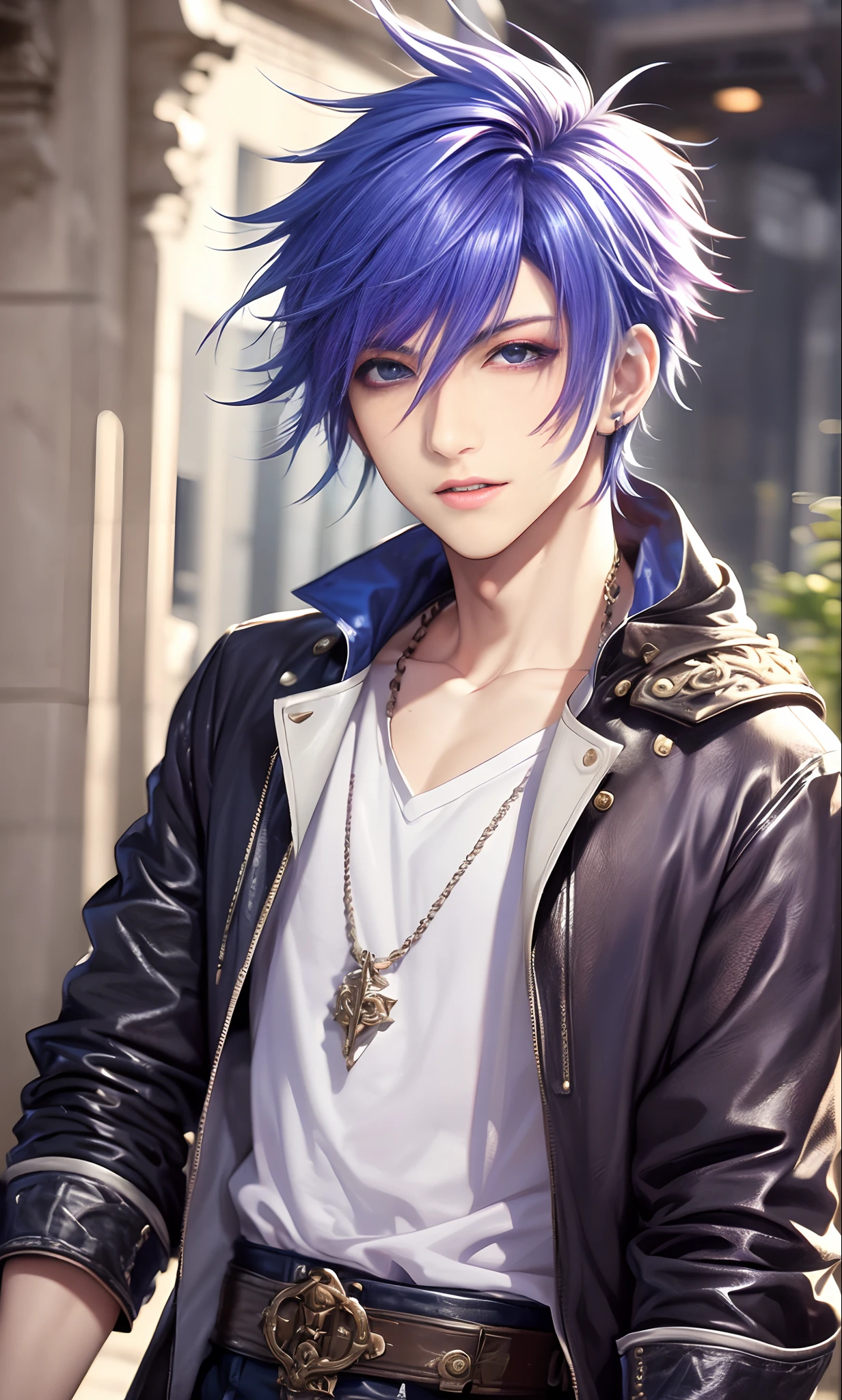 masterpiece, top-quality, 2Others, Male couple, 1 man and 1,, Adults, Height difference, different fashion, different color, finely eye and detailed face, intricate detailes, Casual clothing, window, A smile, Happiness, tenderness, queers, Boys Love, high-level image quality、 selfee, Two beautiful men、tall、The upper part of the body、nightfall、nighttime scene、𝓡𝓸𝓶𝓪𝓷𝓽𝓲𝓬、Korean Male, Idol Photos, k pop, Professional Photos, Vampires, Korean fashion in black and white, Fedoman with necklace, inspired by Sim Sa-jeong, androgynous vampire, :9 detailed face: 8, extra detailed face, detailed punk hair, ((eyes are brown)) baggy eyes, Seductive. Highly detailed, semi realistic anime, Vampires, hyperrealistic , delicate androgynous prince, imvu, short hair above the ears, Man with short hair, With a purple-haired man with a wild expression, Man with light blue hair with gentle expression, ((With a short-haired man with bright purple hair)), ((Man with light blue hair))