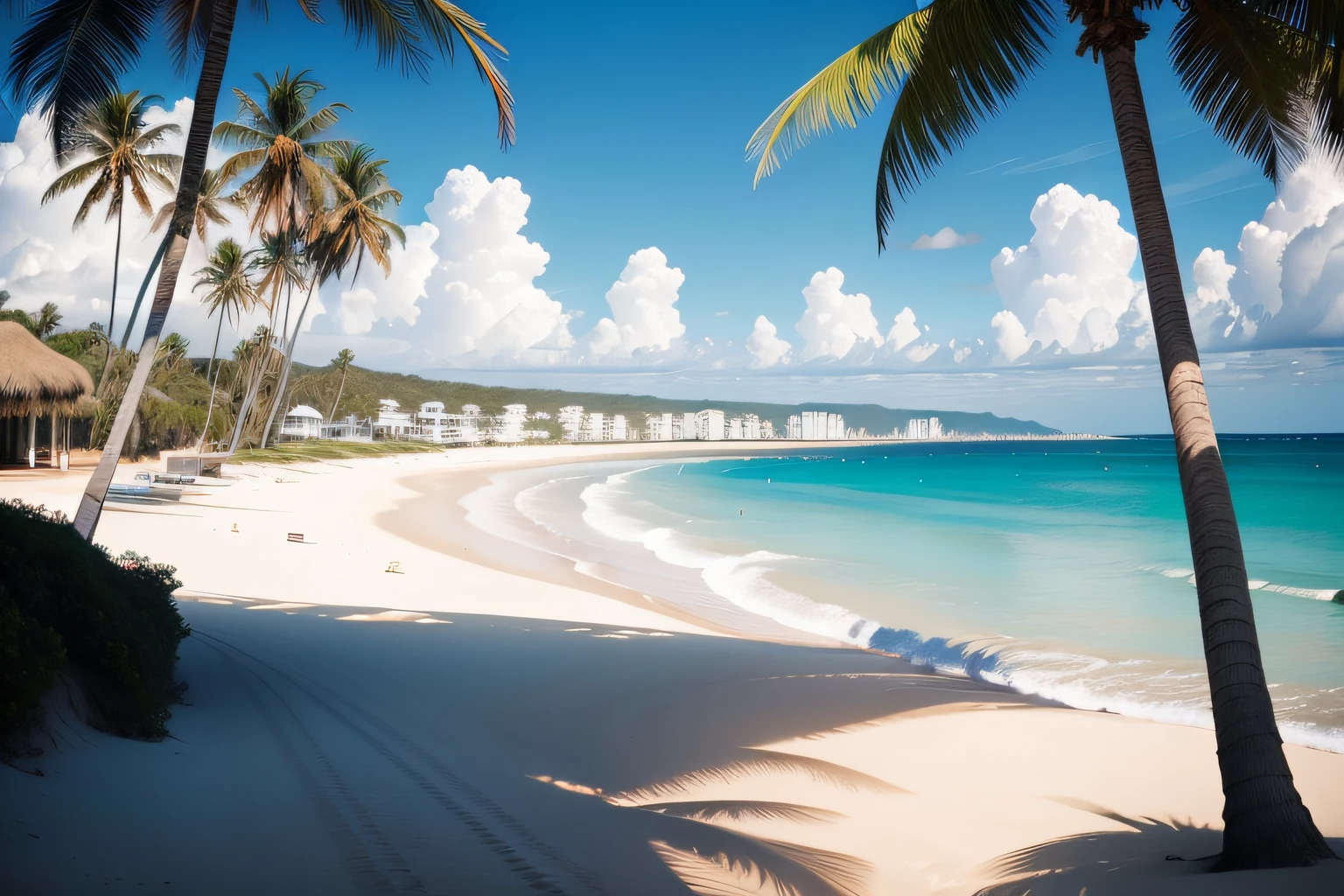 at noon,The uninhabited beach looks in the direction of palm trees,No waves can be seen