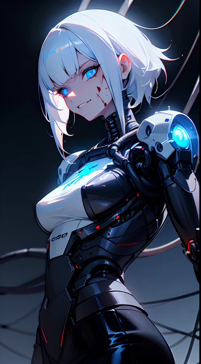 (((masterpiece))), (((best quality))), ((ultra-detailed)), (highly detailed CG illustration), ((an extremely delicate and beautiful)),cinematic light,((1Police officer girl)),solo, full body, dark mechanical body, (machine made joints:1.2),((machanical limbs)),(blood vessels connected to tubes),(mechanical vertebra attaching to back),((mechanical cervial attaching to neck)),expressionless,(wires and cables attaching to neck:1.2),(wires and cables on head:1.2), Deep red eyes, Darkfantasy,science fiction,extreme detailed,colorful,highest detailed, loongs,fengs,dark background --auto --s2