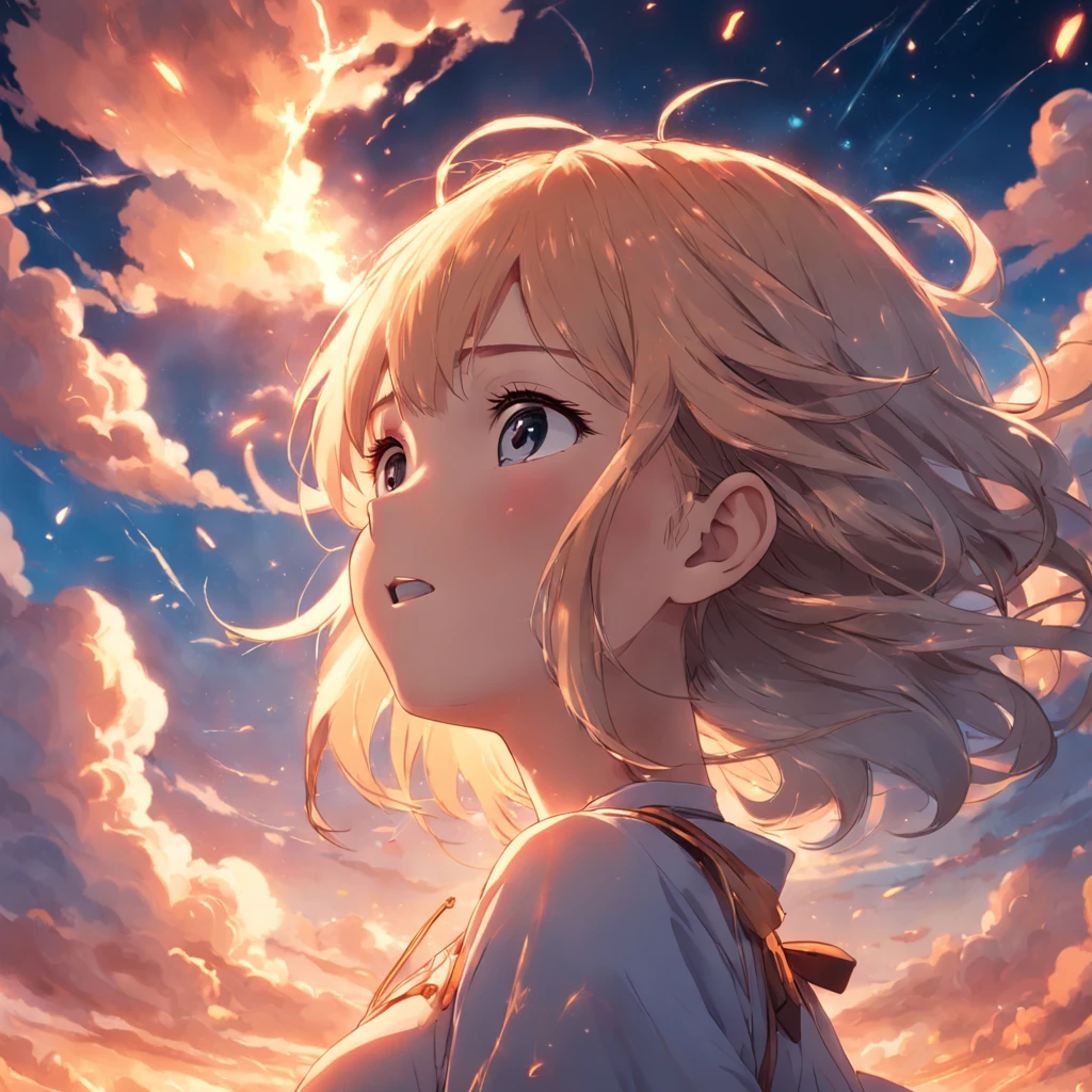 masterpiece, best quality, movie still, 1girl, cloud girl, floating in the sky, close-up, bright, happy, warm soft lighting, sunset, (sparks:0.7)