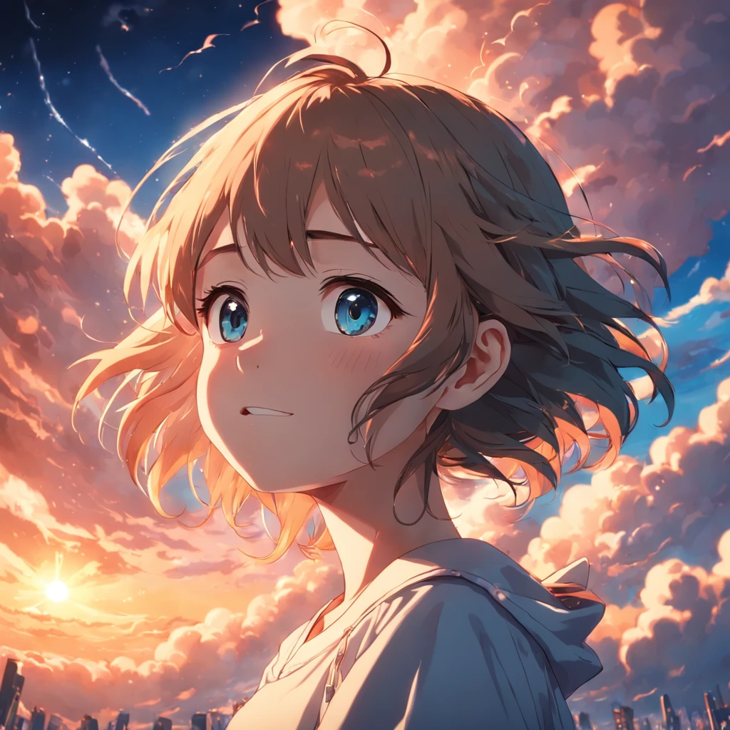 masterpiece, best quality, movie still, 1girl, cloud girl, floating in the sky, close-up, bright, happy, warm soft lighting, sunset, (sparks:0.7)