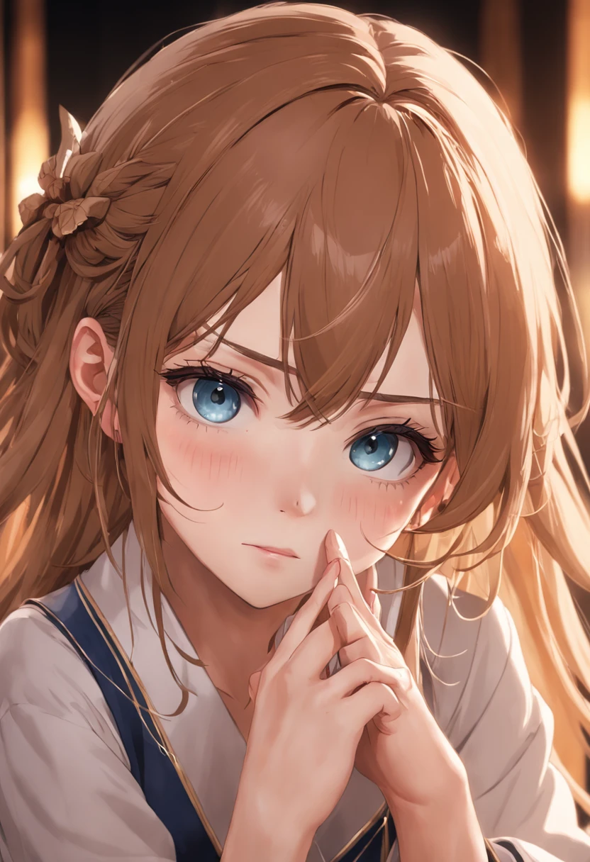 Have a glass、Cute girl with light chestnut hair tied、Upper Eyes、hightquality、Blouse、Alone、up of face、Indoors at night、mournful