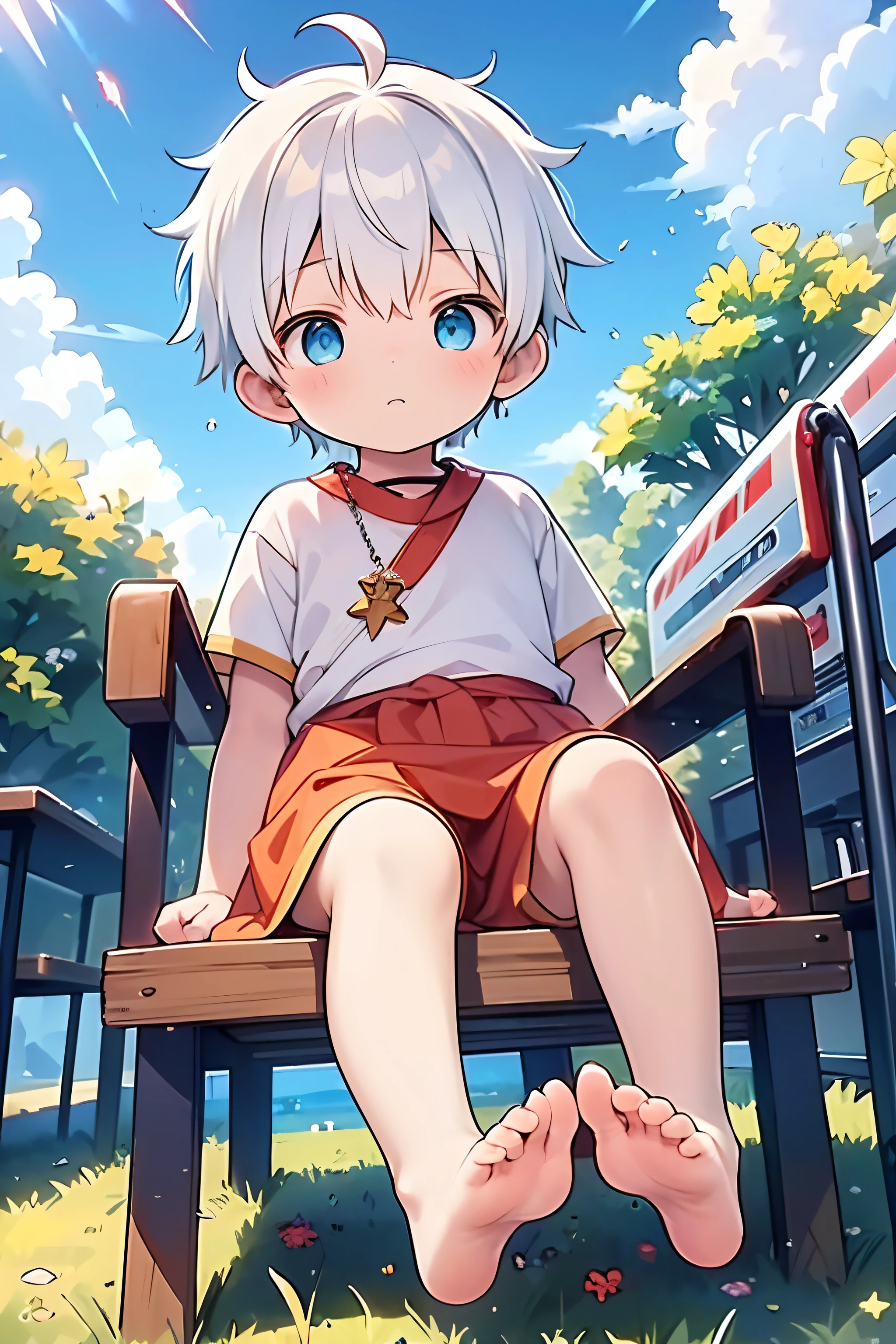 4k, (Masterpiece:1), ********** with orange colored hair and shiny, glowing cyan eyes and barefoot, wearing divine clothes, showing his sole, epic, cinematic, young, boy, child, small, toddler, tiny feet, focus on feet, feet, blushing, (Young:1.4), (Child:1.4), (Shota:1.8), (male:1.6), (boy:1.8), (divine:1.4), (divine clothes:1.4), (epic:1.4), (foot:1.5), (train:1.4),