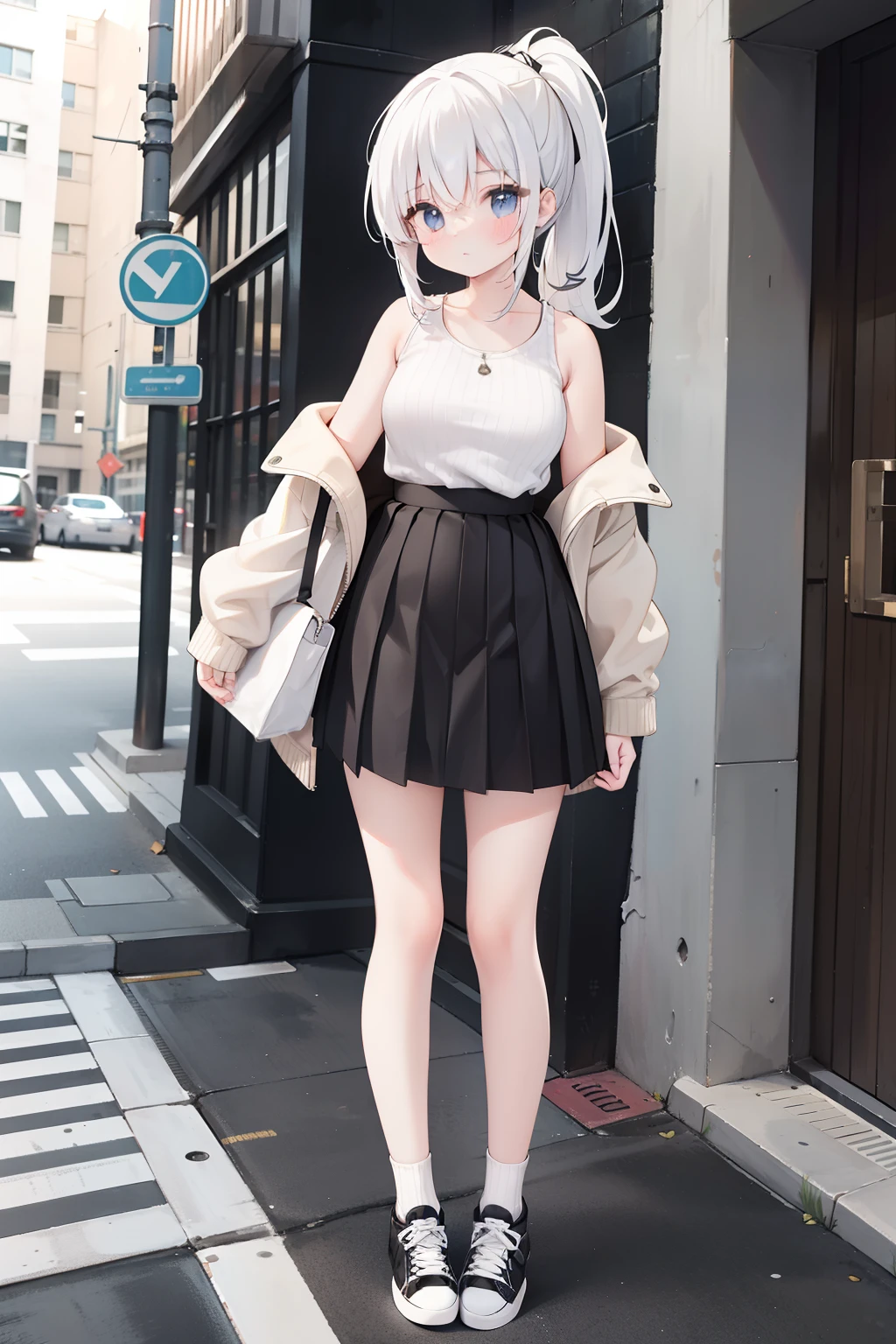 All over a girl standing on the street with double ponytail, white hair, tight striped shirt, brown short coat, off-the-shoulder black high-rise pleated skirt, high-top canvas shoes, white socks