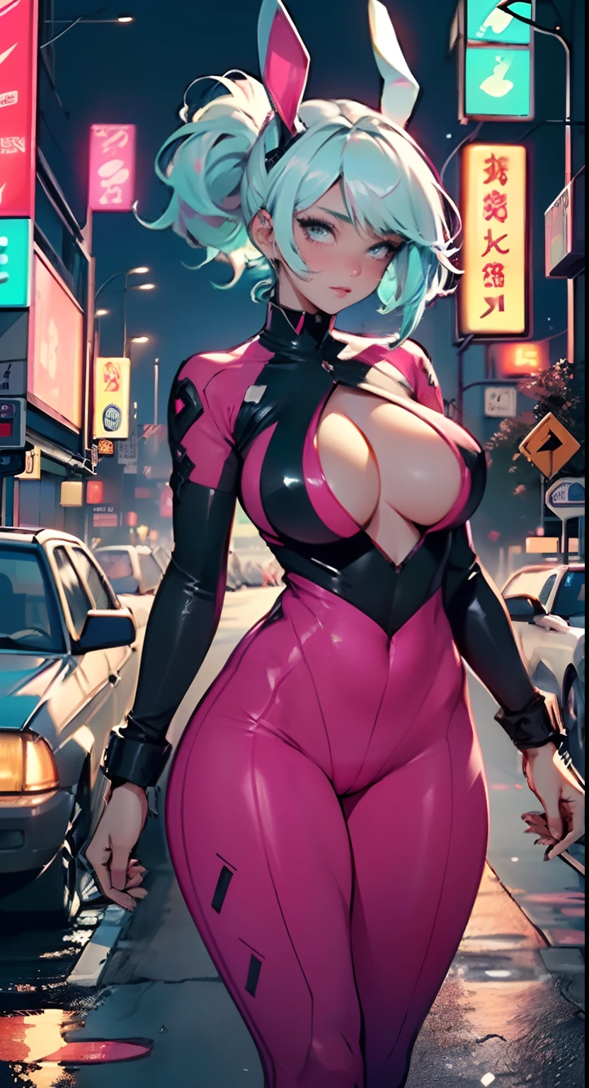 cute bunny girl,(((1girl))),((anime bunny girl with extremely cute and beautiful aqua hair walking seductively down the street)),(((bunny girl,anthro furry cute,bunny-girl))),(((bunny ears,bunny ears on head,big bunny ears))),
(large breasts:1.4),saggy breasts,(((aqua ponytail hair:1.35,colored inner hair,ear breathing,large hair))),((heterochromia,eye1 aqua,eye2 yellow,perfect eyes,upturned eyes:1.3,beautiful detailed eyes,finely detailed beautiful eyes:1,big highlight on eyes:1.2,slanted eyes)),((fat)),(((lustrous skin:1.5,bright skin: 1.5,skin tanned,shiny skin,very shiny skin,shiny body,plastic glitter skin,exaggerated shiny skin))),(spider lower abdomen,narrow waist,wide hip,athletic body,inflated legs,delicate detailed fingers,detailed body,detailed arms,human hands,(detailed face)),
cute,slutty,seductive,erotic,(((nsfw))),
(((pit girl uniform)))(magenta pit girl suit unbuttoned),((magenta clothes)),(((huge cleavage))),cleavage cutout,(detailed outfit,detailed clothes),
(dynamic pose:1.0),solo focus,embarrassed,centered,scale to fit dimensions,Rule of thirds,
outdoors,((night view)),(very pretty city neon synthwave,cyberpunk night street Background:1.5,dark sky,thick clouds),future vehicles,((neon lights)),thick clouds,(cyberpunk style,neon lights, (synthwave theme background), lonely street),(((detailed background:1.25))),
(best quality),(high resolution),(sharp focus),(ultra detailed),(extremely detailed),(extremely high quality artwork),8k_wallpaper,(extremely detailed CG 8k),(very fine 8K CG),((hyper super ultra detailed perfect piece)),flawless,(((masterpiece))),illustration,vibrant colors,(intricate),High contrast,Selective lighting,Double exposure,HDR (High Dynamic Range),Post-processing,Background blur,