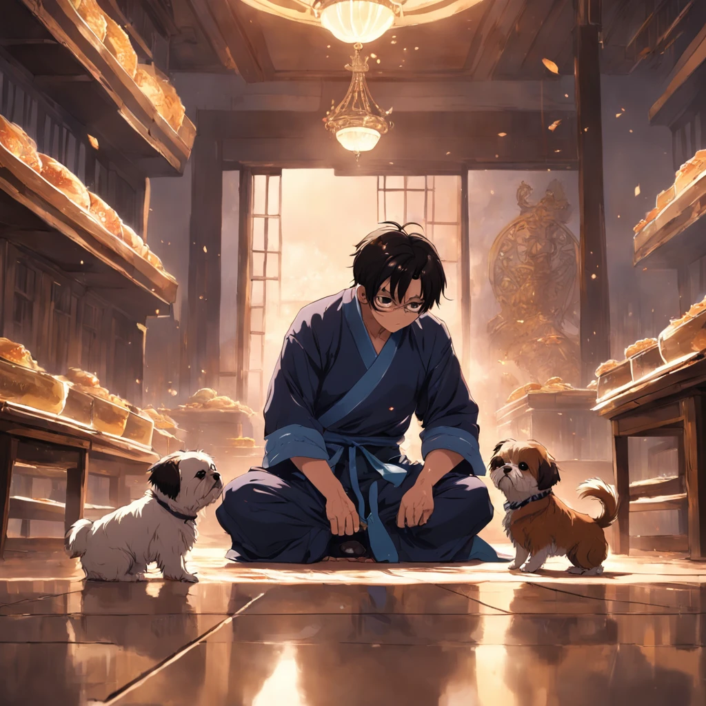 The tutor man would have lunch and his shih tzu would stand on the floor eating his food