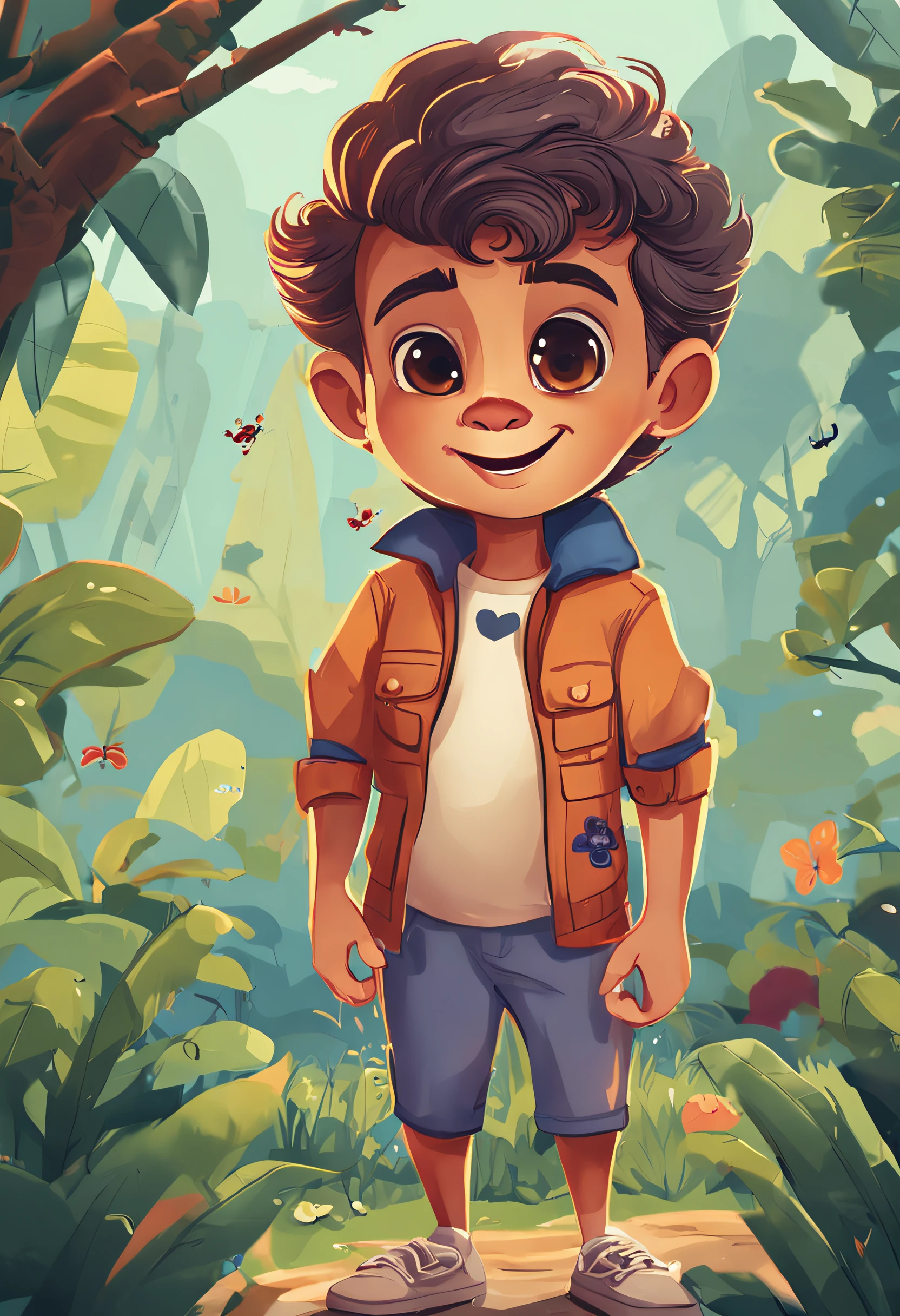 Menino feliz de 6 anos, estilo disney, cabelo castanho na altura dos ombros e olhos castanhos, usando um short azul, camisa branca com as mangas cortadas, olhando as cores do ambiente a sua volta, e admirando a beleza das cores, uma aldeia ao fundo proximo a uma floresta com um rio proximo, um arco iris proximo ao rio.