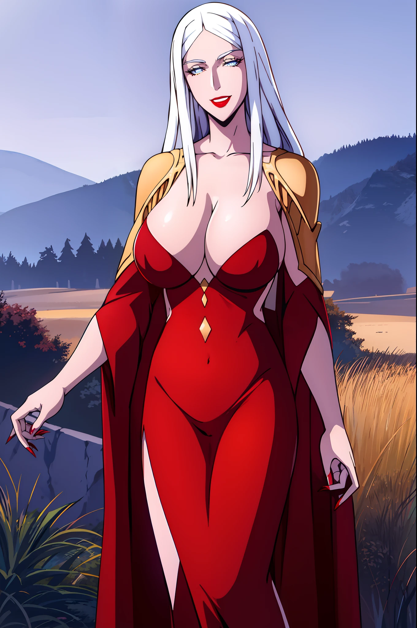 carmilla medium breasts, white hair, beautiful face, blue eyes, red lipstick, (masterpiece:1.2), best quality, absurdres, highres, extremely detailed wallpaper, perfect lighting, outdoors, grass, field, night sky,, full body, huge breast,smile, happy