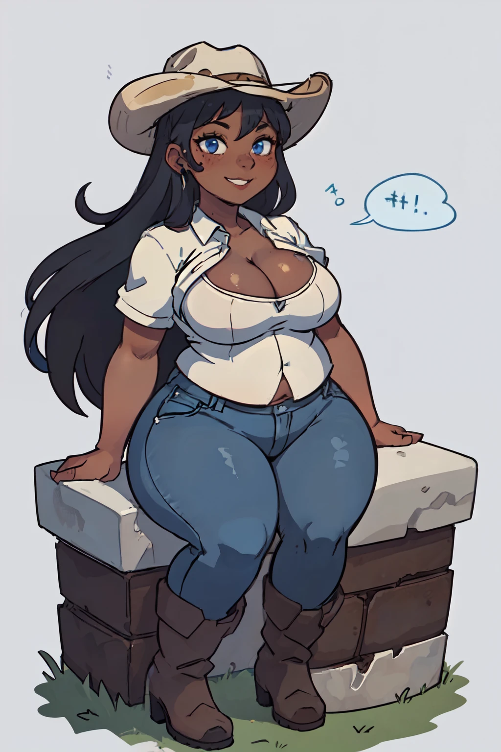 (1girl: 1.5), ((solo)), (dark skinned:1.8), goblin girl, blue_hair, very long hair, wide body, (small stature:1.6), (huge breast:1.6), hair between eyes, wide hips, blue eyes, mole, mole on chest, age up, lips, big lips, big noise, thick eyebrows, (chubby:1.7), smile, freckles, (Cowgirl: 1.6), (sexy random poses: 1.5), Ranch, jeans, (cowboy hat: 1.5), leather boots, farm, masive ass, (legs open: 1.8), sitting