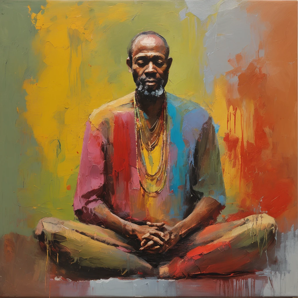 Artistic painting of very slim man, goatee, necklace around neck, both arms raised, sitting in meditation pose, black background
