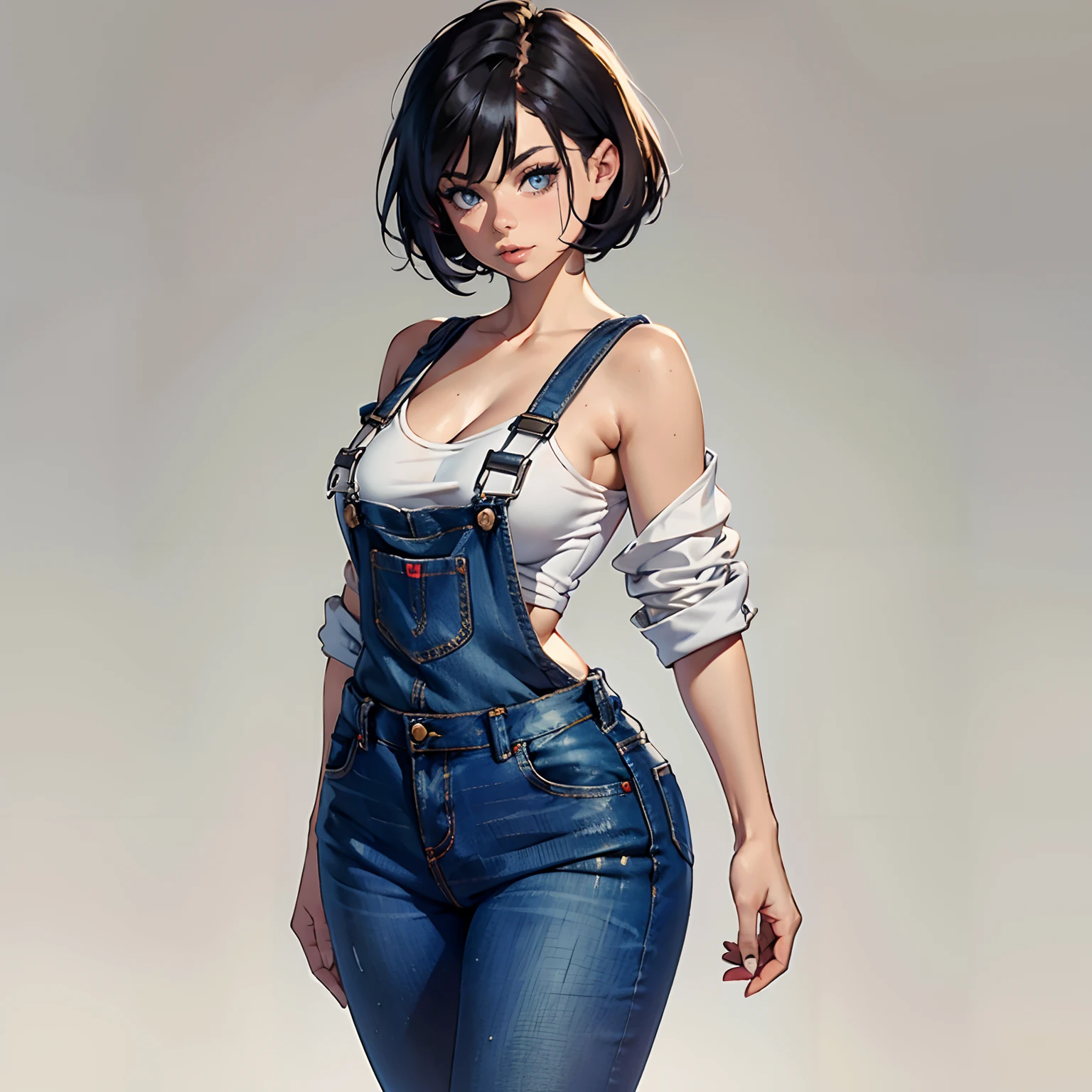 1 voluptuous woman, short black hair, hairstyle pixie, eyes, environment change scene, Female, wearing only "jeans overalls", "without shirt", uncovered shoulders, (simple background, white background: 1.3), illustration, ((masterpiece)), (((best quality))), UHD, highres, 8k, best quality, high details, anatomically correct, full body