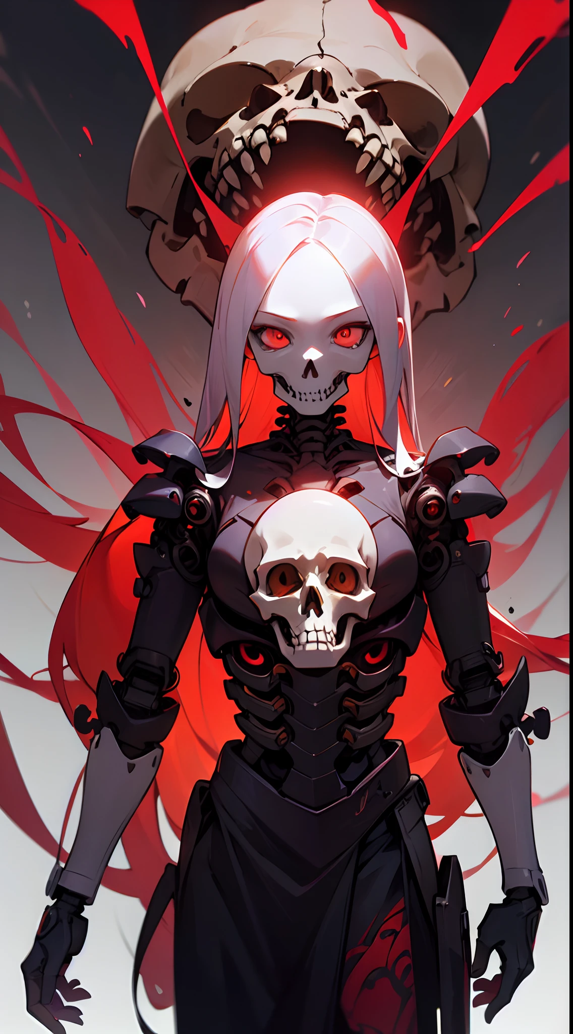 whaite hair，tentaculata，hoang lap，uncanny，cyborg people，exoskeleton，part，s the perfect face，skulls，skelleton，red color eyes，opens his eyes wide，tmasterpiece，Rich graphics，Storytelling images，high qulity，A high resolution，high detal