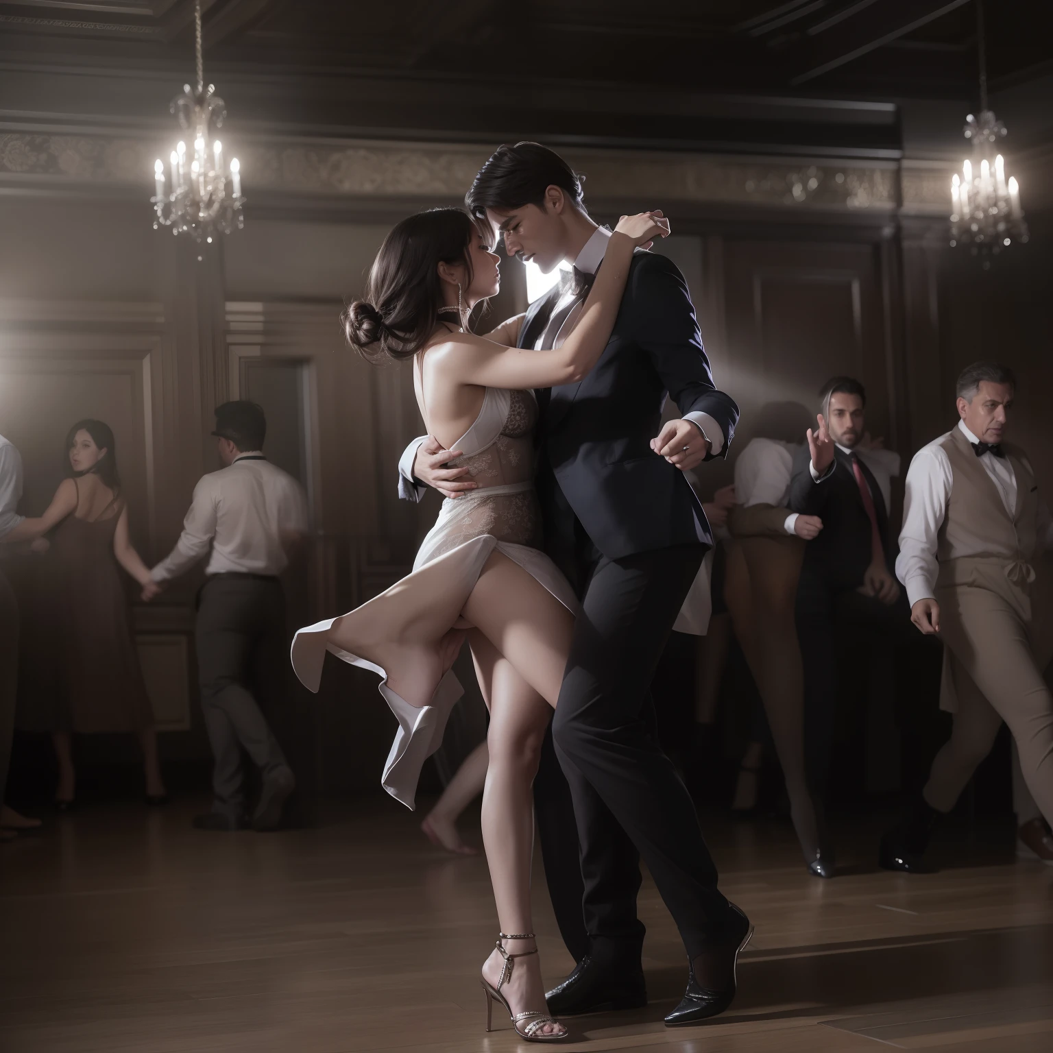 a mesmerizing photograph of a passionate dance::3 taking place in an Argentinian club::2, where a gorgeous Italian-Cuban mixed-race woman::3 is entwined with her partner, their bodies pressed close in a tango::3, her low cut dress revealing her figure::2, and her eyes locked with a fiery intensity::1, the room filled with the energy of desire::1 --ar 16:9 --q 2 --chaos 0 --stop 100 --s 660