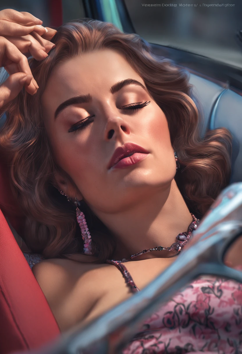 1 hermoso, Mujer realista, big eyelashes, labios pintados, drooling, dormido, exhausto, cansado, sweating, dormida con la boca abierta, ronquido, dormido acostado en el asiento trasero del coche, Cabeza apoyada en el asiento, eyes closed, painted eyelids , Cara maquillada, hermoso cuerpo, vestido con un leotardo; lipstick, tacones sexys, cuerpo completo, se parece a la cantante Adele, derretioda por el plastico
