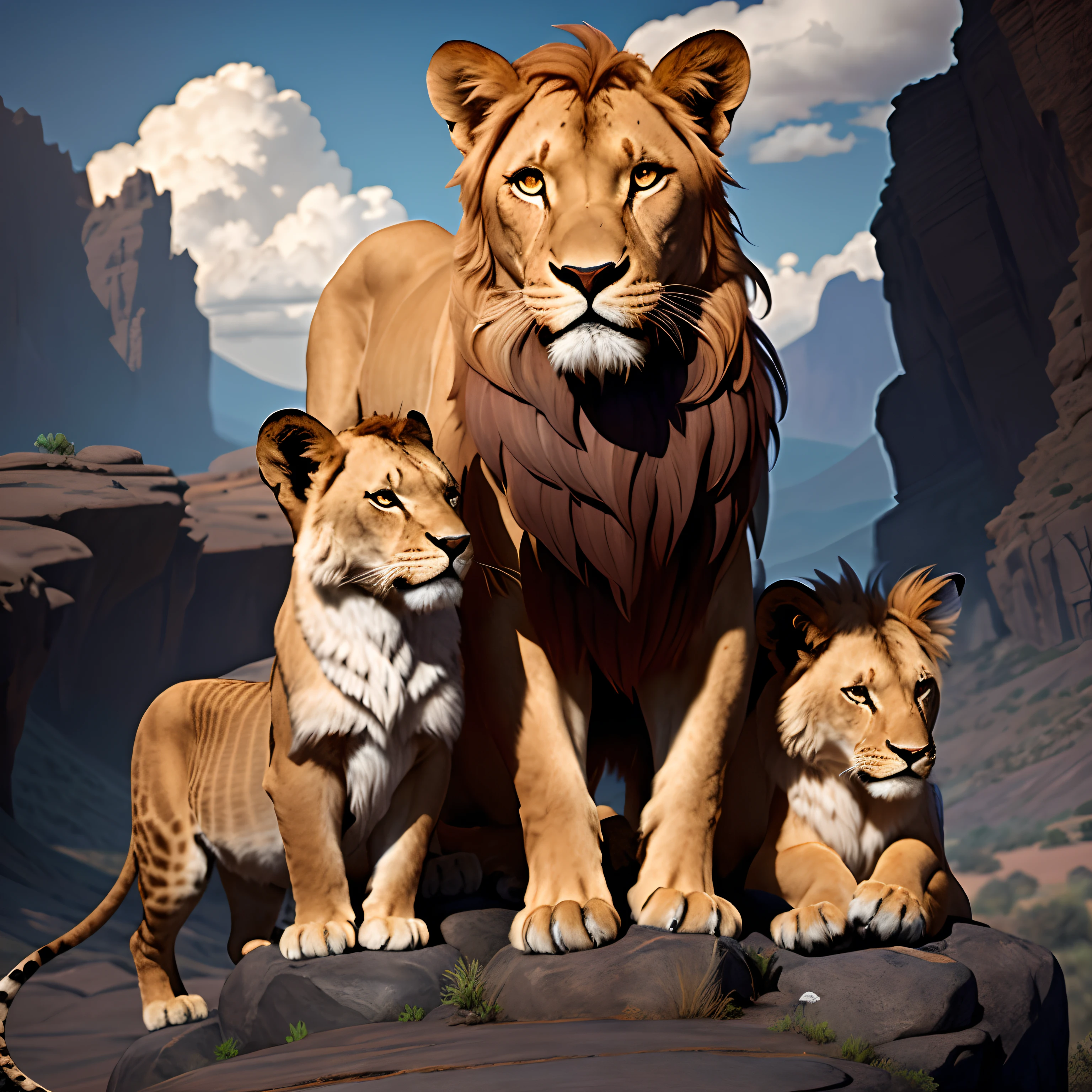 Three lions standing on a rock in the desert, lions, a family portrait, Majestic posture, Realistic scene, Majesty, mane, digital painting highly detailed, Brothers, Simba, alexey egorov, lava, High realism", king of the jungle, realistic illustration, Unbelievably high detail, highly detailed scene, highly detailed digital painting, lioness, detailed beautiful animals