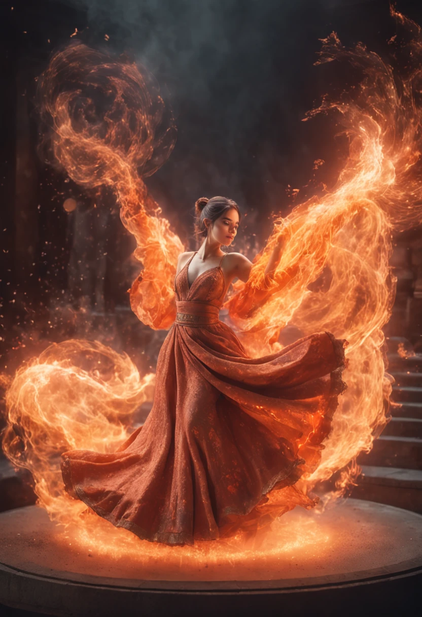 Step into a captivating scene featuring an anime girl seated on a floating platform, as vibrant fire particles ignite the air around her, creating a dazzling and dynamic atmosphere. The creative lighting style bathes her in a radiant, fiery glow, harmonizing with the swirling fire particles. Crafted with exquisite detail and rendered in breathtaking 10k high resolution, this masterpiece blends the art mediums of digital illustration, fire effects, particle simulation, and post-processing techniques. Drawing inspiration from the styles of Anime, Mystical Realism, and Contemporary Surrealism, it captures the fiery and ethereal beauty of an anime girl amidst the dancing flames, where fire particles elevate the sense of magic and wonder.