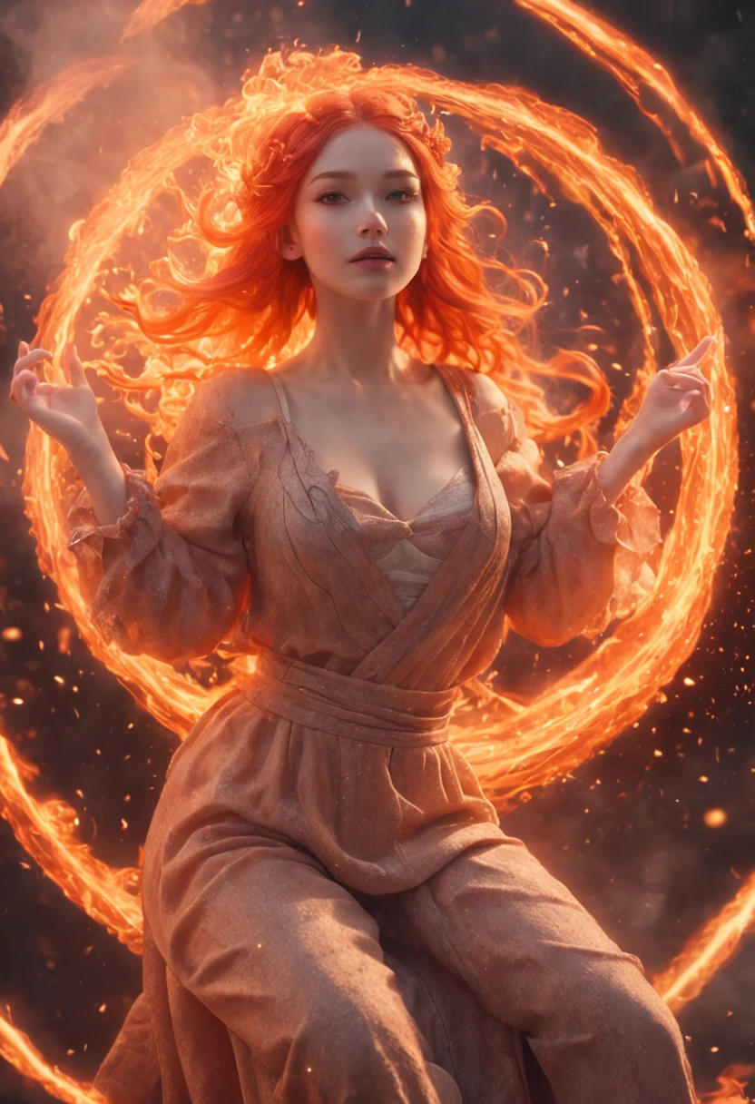 Step into a captivating scene featuring an anime girl seated on a floating platform, as vibrant fire particles ignite the air around her, creating a dazzling and dynamic atmosphere. The creative lighting style bathes her in a radiant, fiery glow, harmonizing with the swirling fire particles. Crafted with exquisite detail and rendered in breathtaking 10k high resolution, this masterpiece blends the art mediums of digital illustration, fire effects, particle simulation, and post-processing techniques. Drawing inspiration from the styles of Anime, Mystical Realism, and Contemporary Surrealism, it captures the fiery and ethereal beauty of an anime girl amidst the dancing flames, where fire particles elevate the sense of magic and wonder.