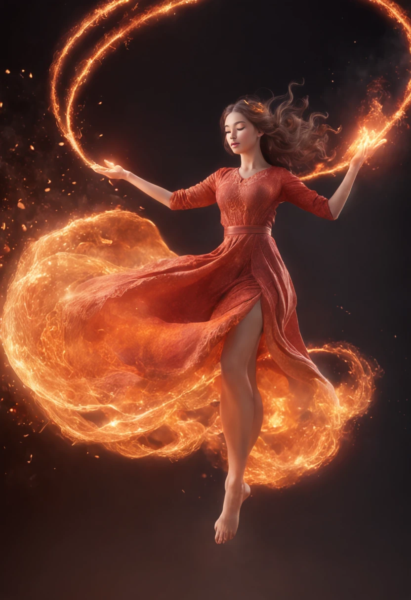 Step into a captivating scene featuring an anime girl seated on a floating platform, as vibrant fire particles ignite the air around her, creating a dazzling and dynamic atmosphere. The creative lighting style bathes her in a radiant, fiery glow, harmonizing with the swirling fire particles. Crafted with exquisite detail and rendered in breathtaking 10k high resolution, this masterpiece blends the art mediums of digital illustration, fire effects, particle simulation, and post-processing techniques. Drawing inspiration from the styles of Anime, Mystical Realism, and Contemporary Surrealism, it captures the fiery and ethereal beauty of an anime girl amidst the dancing flames, where fire particles elevate the sense of magic and wonder.