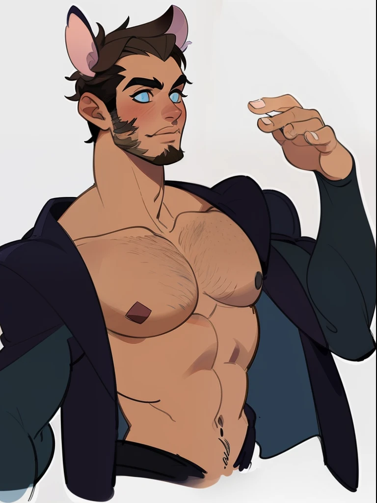 (masterpiece), (best quality), design of a beautiful fantasy male character, muscle ,beast ears, stubble, fantasy, very short revealing vulgar clothing, short hair