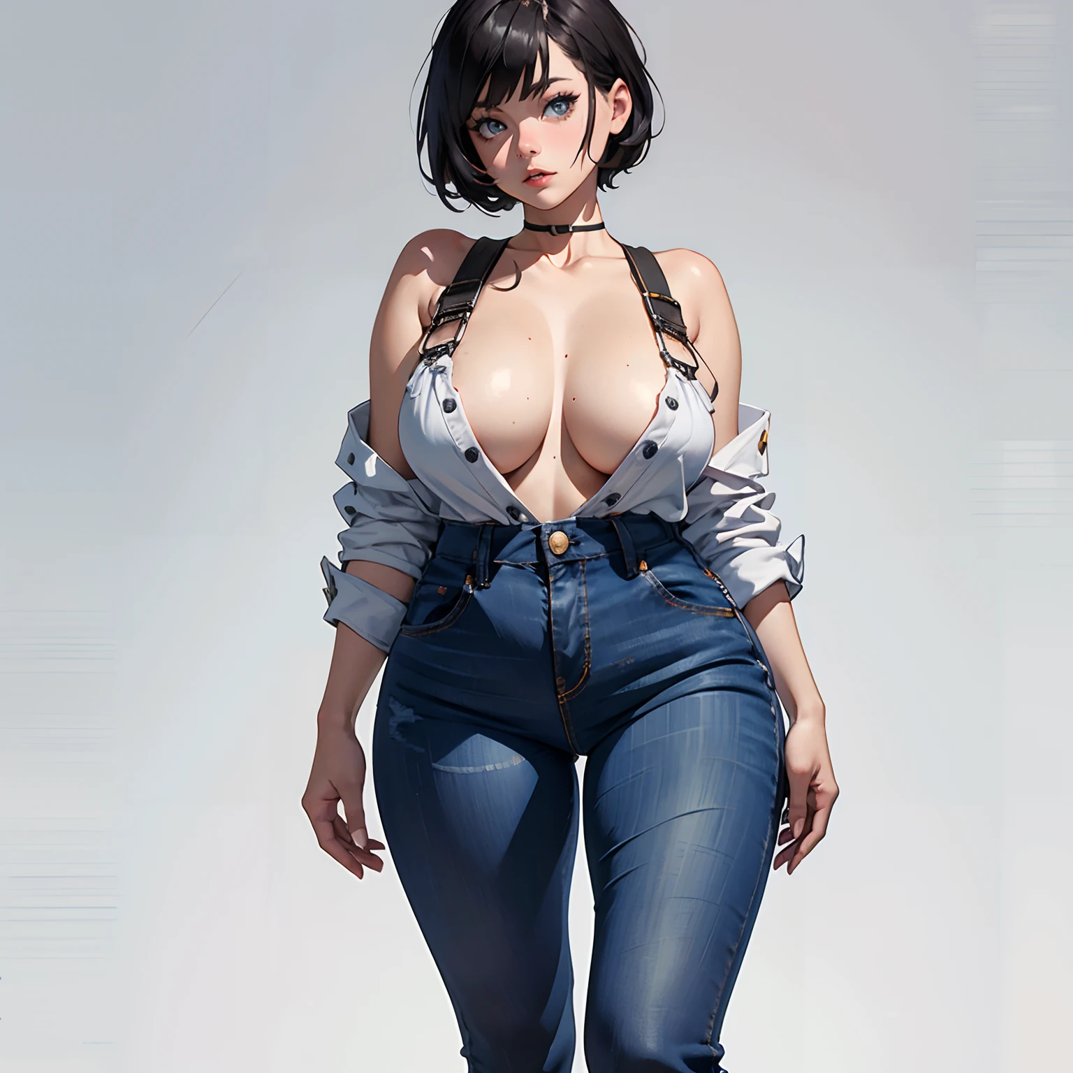 1 voluptuous woman (Sarah Hyland), short black hair, hairstyle pixie, eyes, environment change scene, Female, wearing only "jeans overalls", "without shirt", uncovered shoulders, (simple background, white background: 1.3), illustration, ((masterpiece)), (((best quality))), UHD, highres, 8k, best quality, high details, anatomically correct, full body