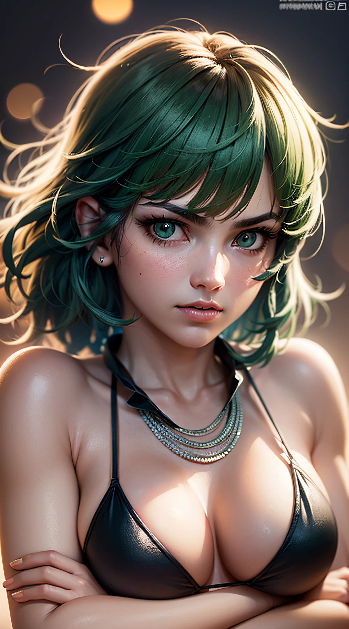 (masterpiece: 1.5) (photorealistic: 1.1) (bokeh) (best quality) (detailed skin texture hair pores: 1.1) (intricate) (8k) (HDR) (wallpaper) (cinematic lighting) (sharp focus), cowboy shot, solo, 1girl, fubuki, deadpan, arms crossed, green hair, micro bikini, jewelry, necklace