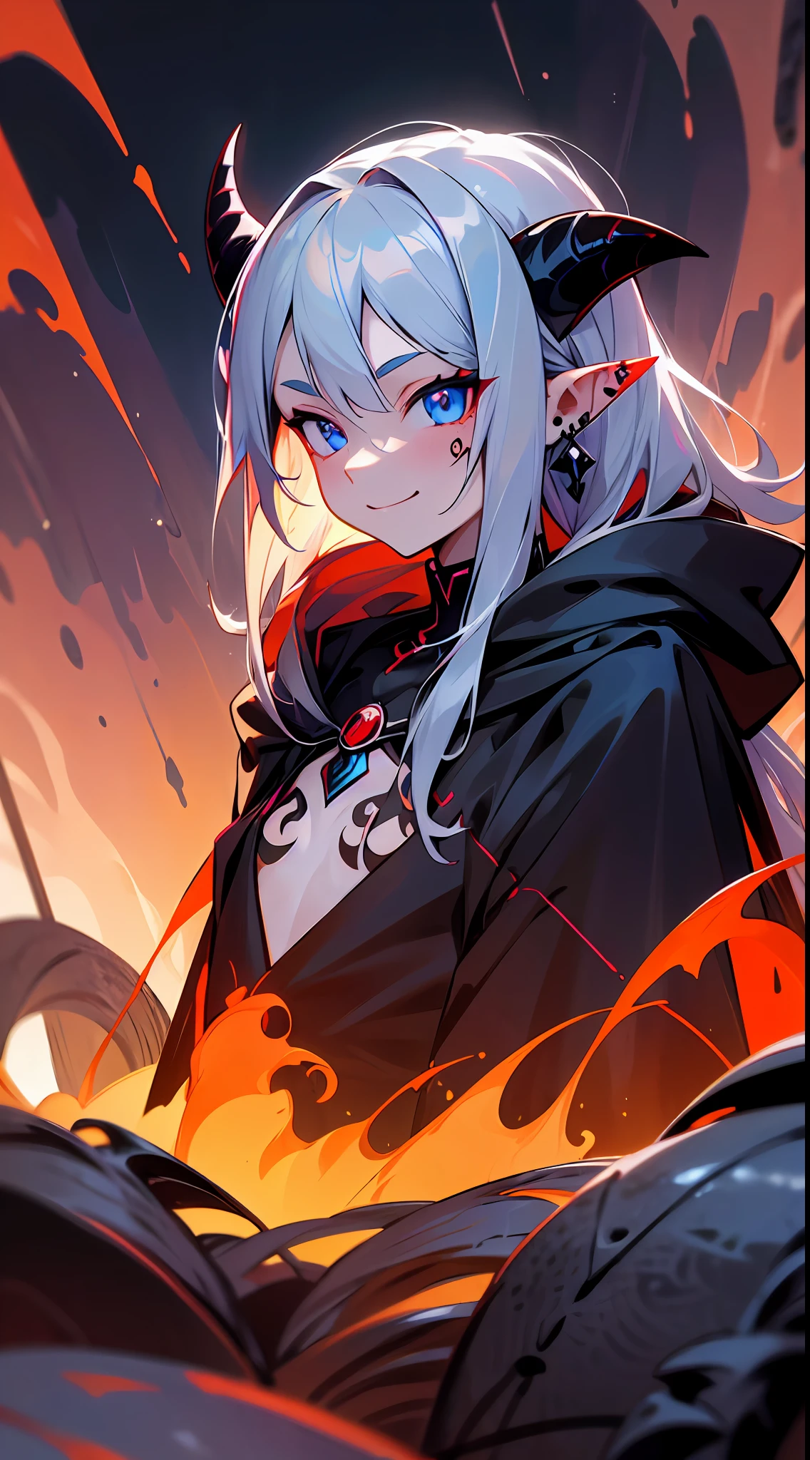 1girl,solo,(upper body,bathing),girl in lava,lava,magma,lava splash,smirk,pointy_ears,pierced earrings,small chest, tattoo,blue eyes,messy hair,long hair,silver hair,black cloak,hooded cloak,(demon tail:1.2)