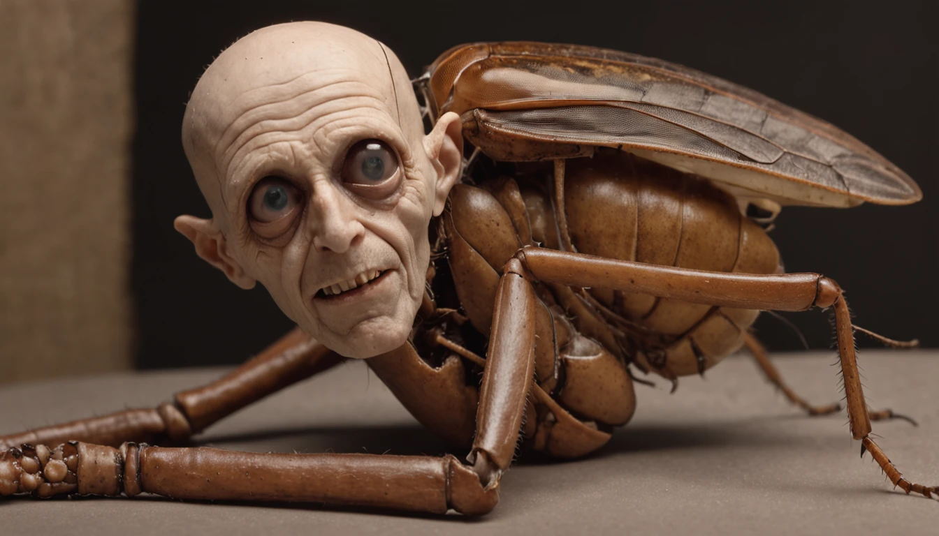 "Grotesque fusion of man and insect, Gregor Samsa, dead in his squalid room, his human family laughing at the situation."