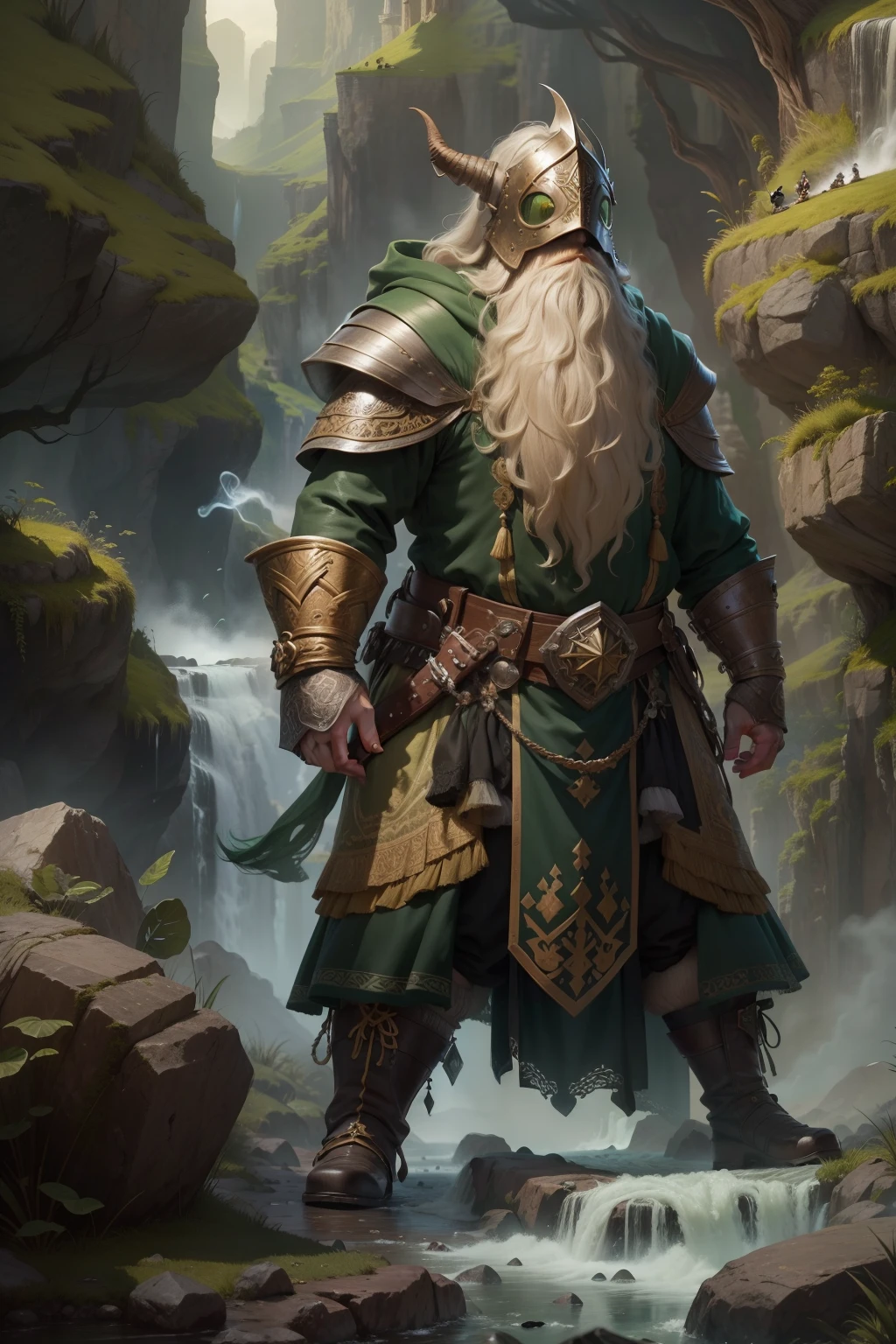 Mighty Dwarf, armadura dourada, escudos de torre, decorado com uma barba frisada, cachos longos em cascata, gordo, realistic depiction, 4k resolution. Background Story: Paisagem de castelo, roupas da realeza, UHD 32k, melhor qualidade, master part, super detalhe, detalhes altos, mais roupas, 1,30m altura, braided beard, roupa branca, mais roupa, castelo, fantasia, veneno, acid, olhos verdes, vapor verde, green smoke, demonio, asqueiroso, esqueleto
